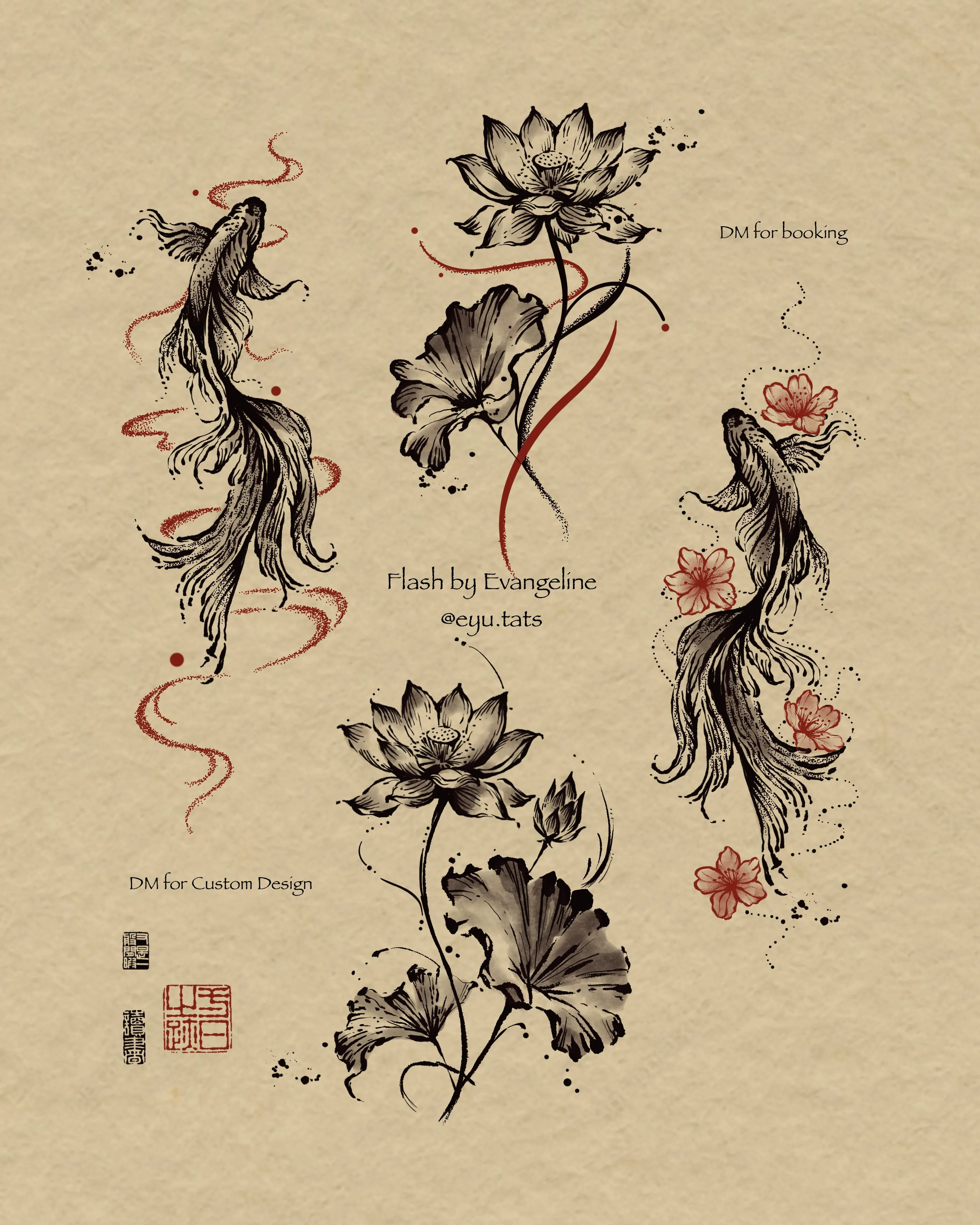 Tattoo flash sheet of two flowing betta fish and two lotus flower compositions with red accents