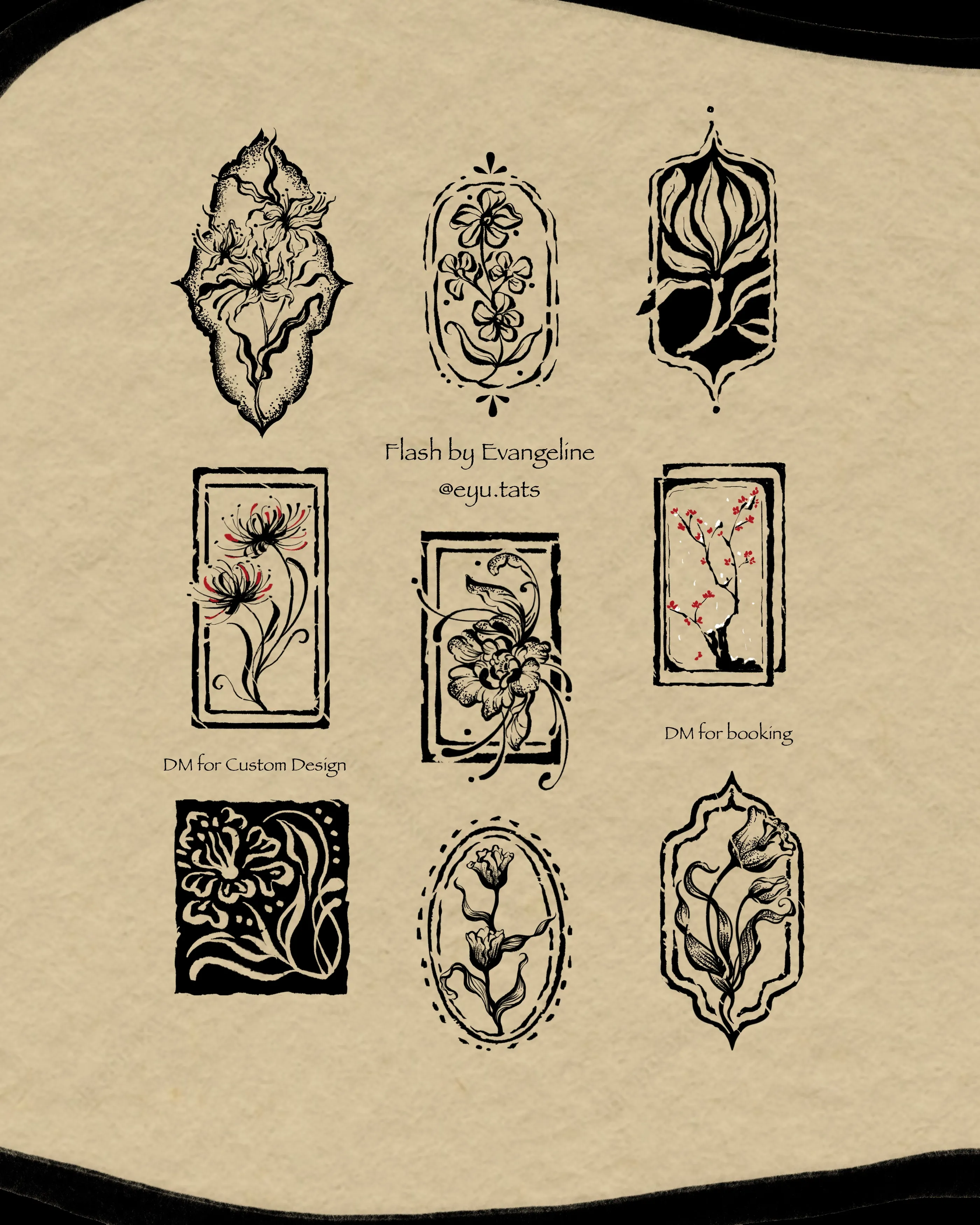 Tattoo flash sheet of nine flowers and flowering branches enclosed by ornamental frames