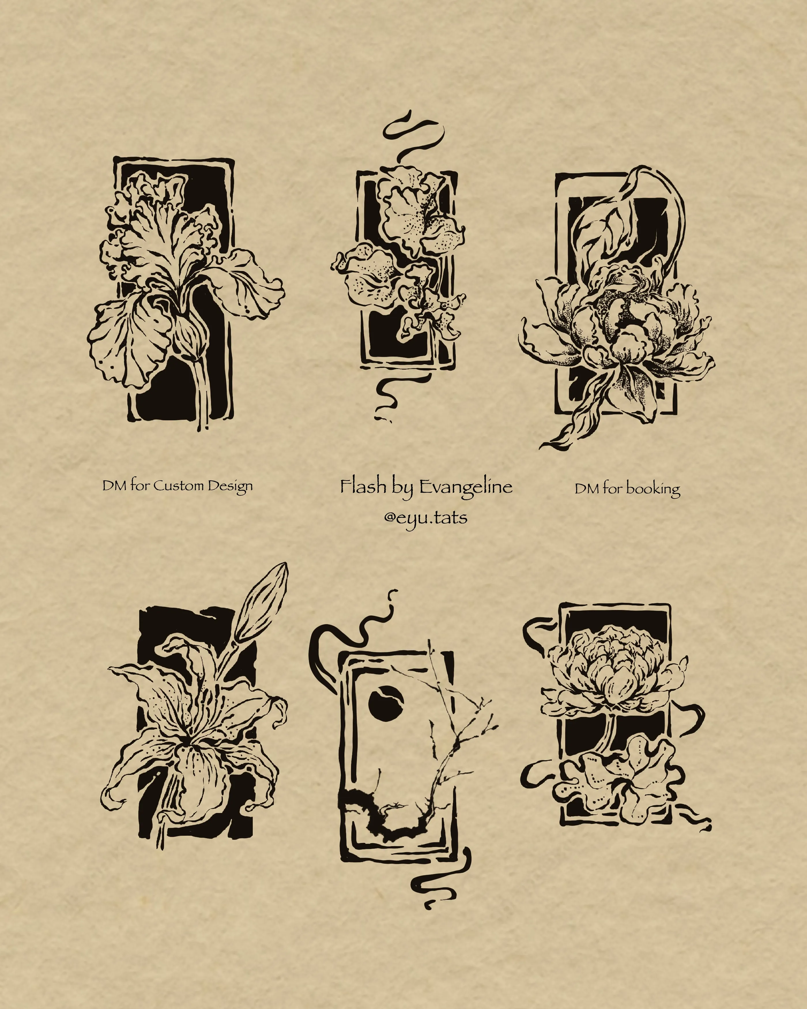 Tattoo flash sheet of six framed botanical designs with iris, orchid, peony, and bare branches