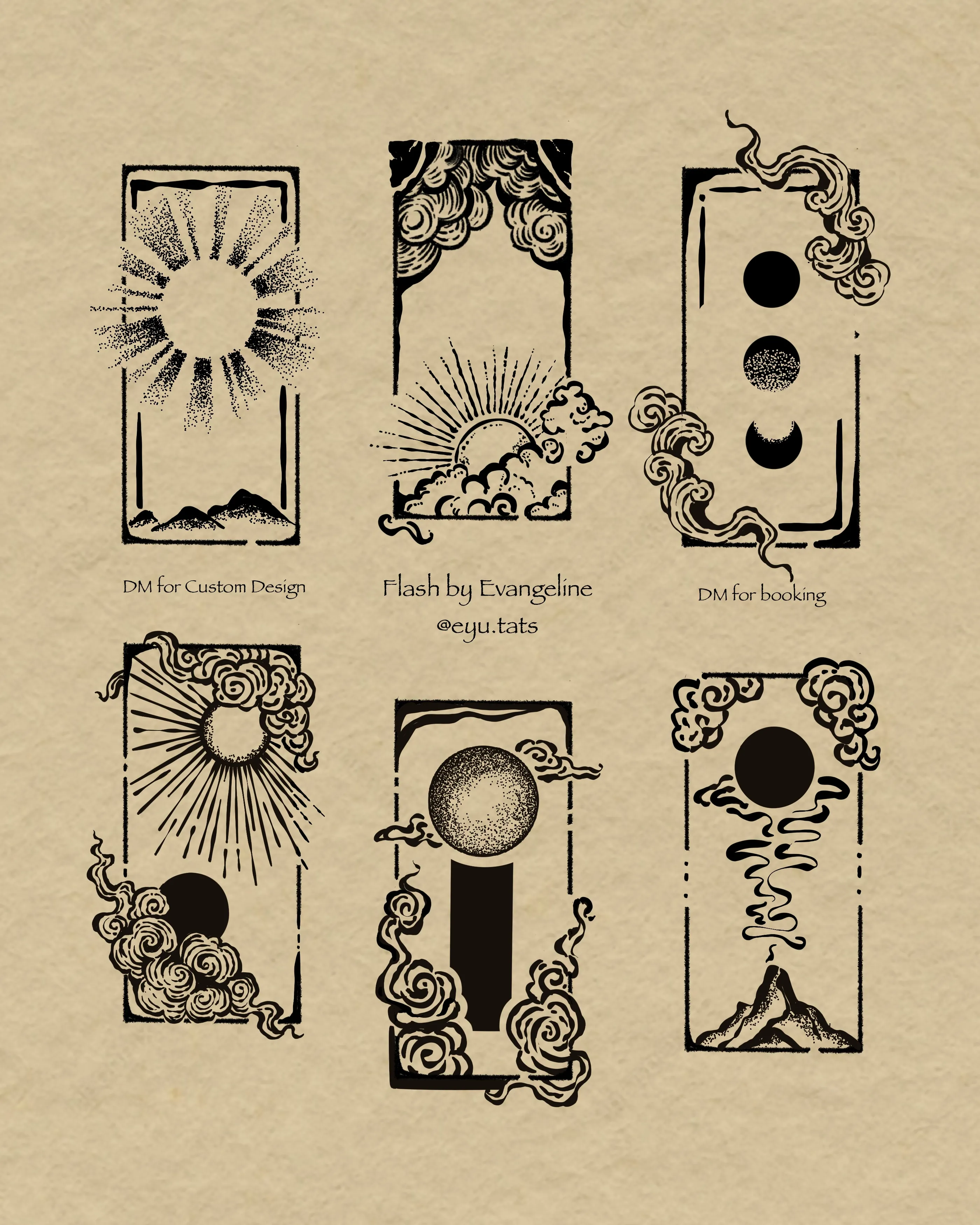 Tattoo flash sheet of six tall ornamental frames filled with suns, moons, clouds, and mountains