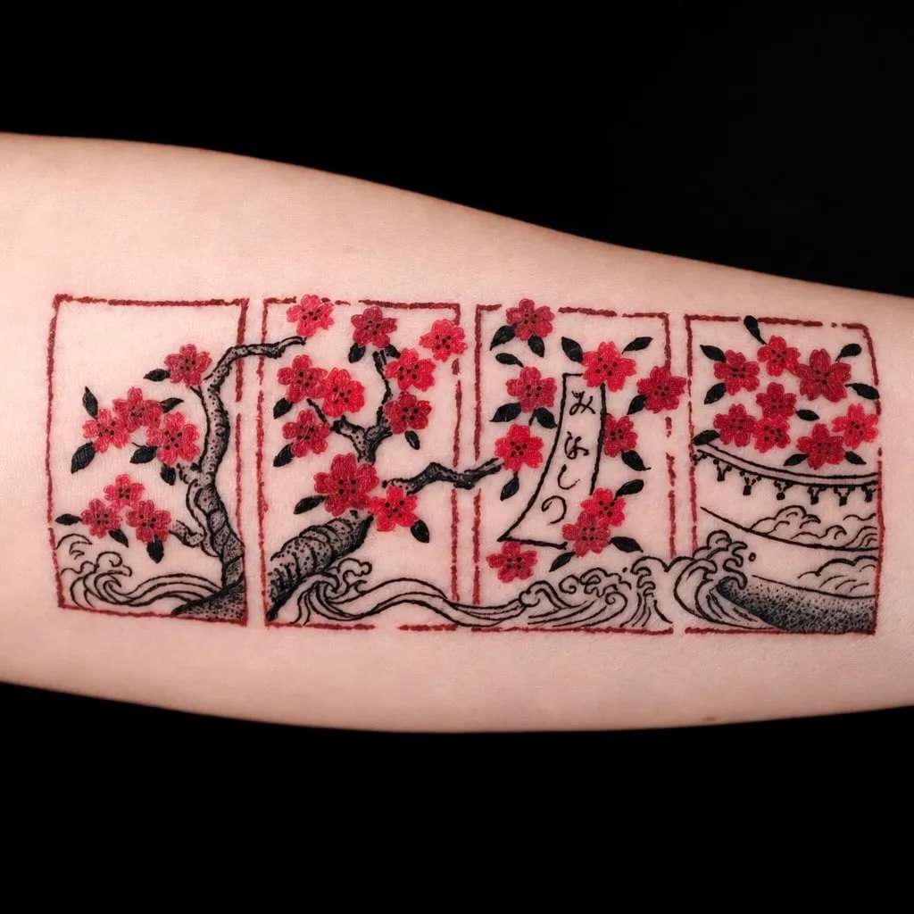 Finished forearm tattoo of red cherry blossoms and black waves flowing through four open panels