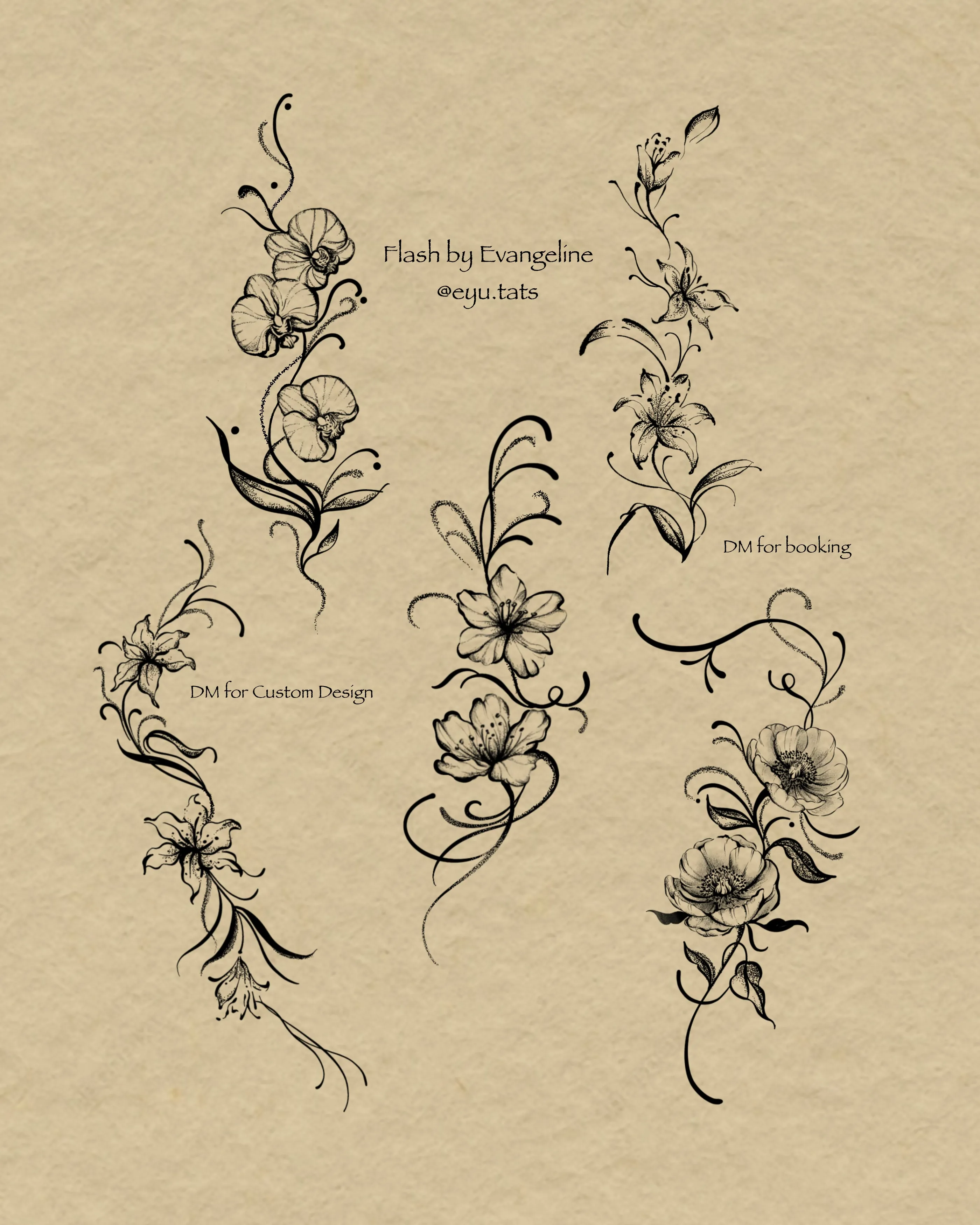 Tattoo flash sheet of five flowing orchid lily and poppy arrangements in fine black lines