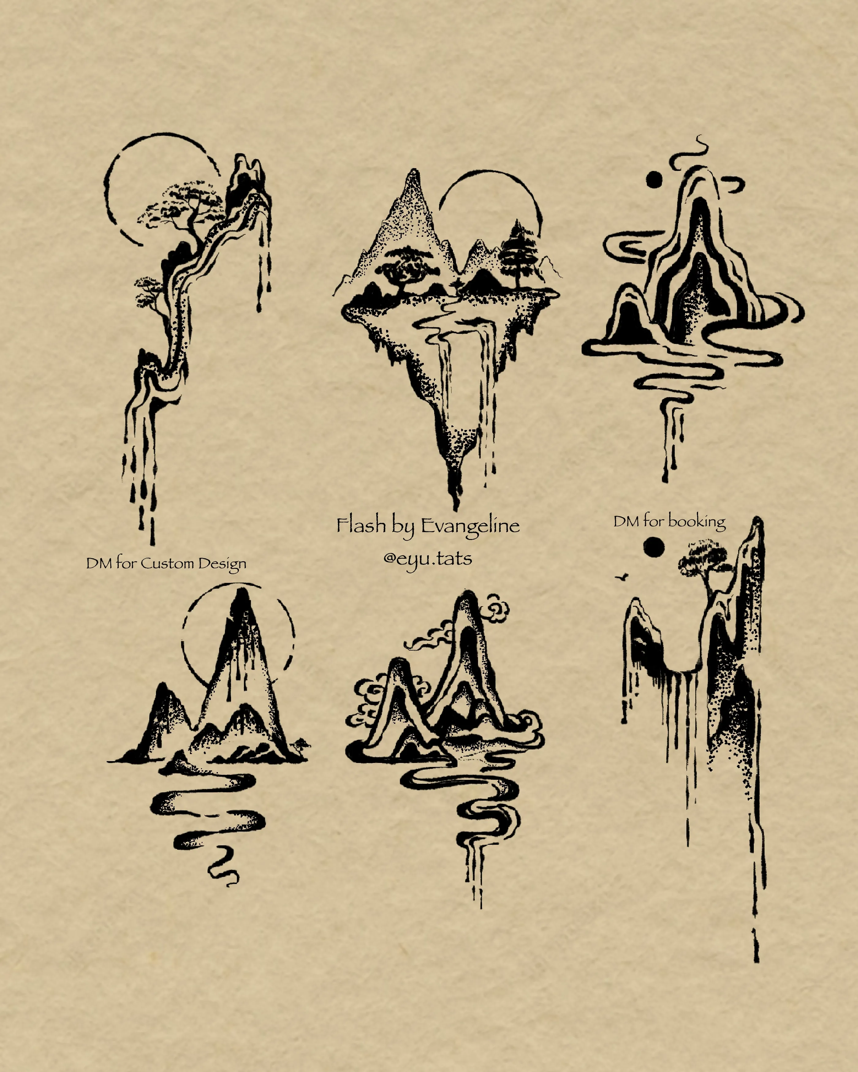 Tattoo flash sheet of six floating mountain and waterfall landscapes in black ink