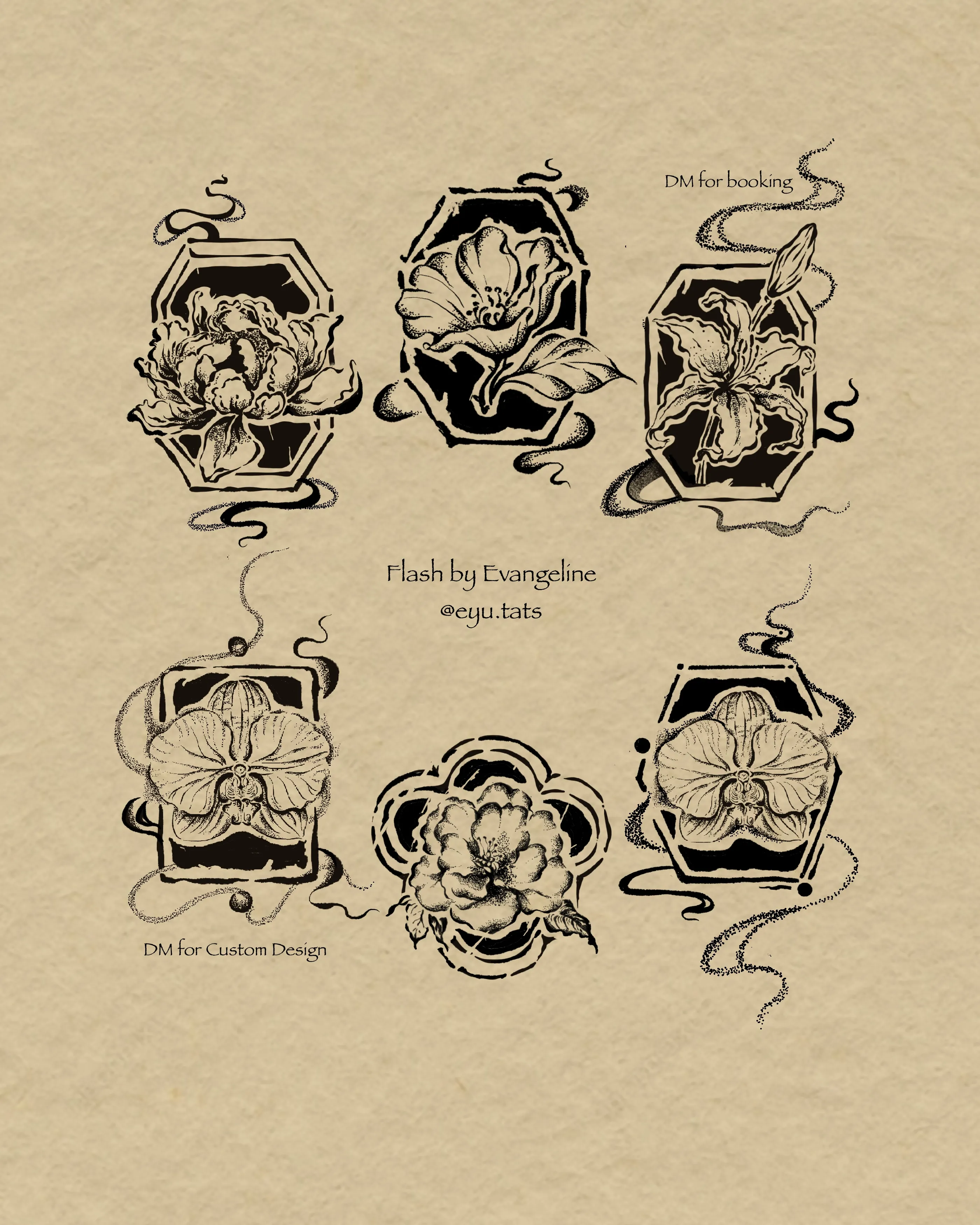Tattoo flash sheet of six peony and orchid designs set inside angular black frames