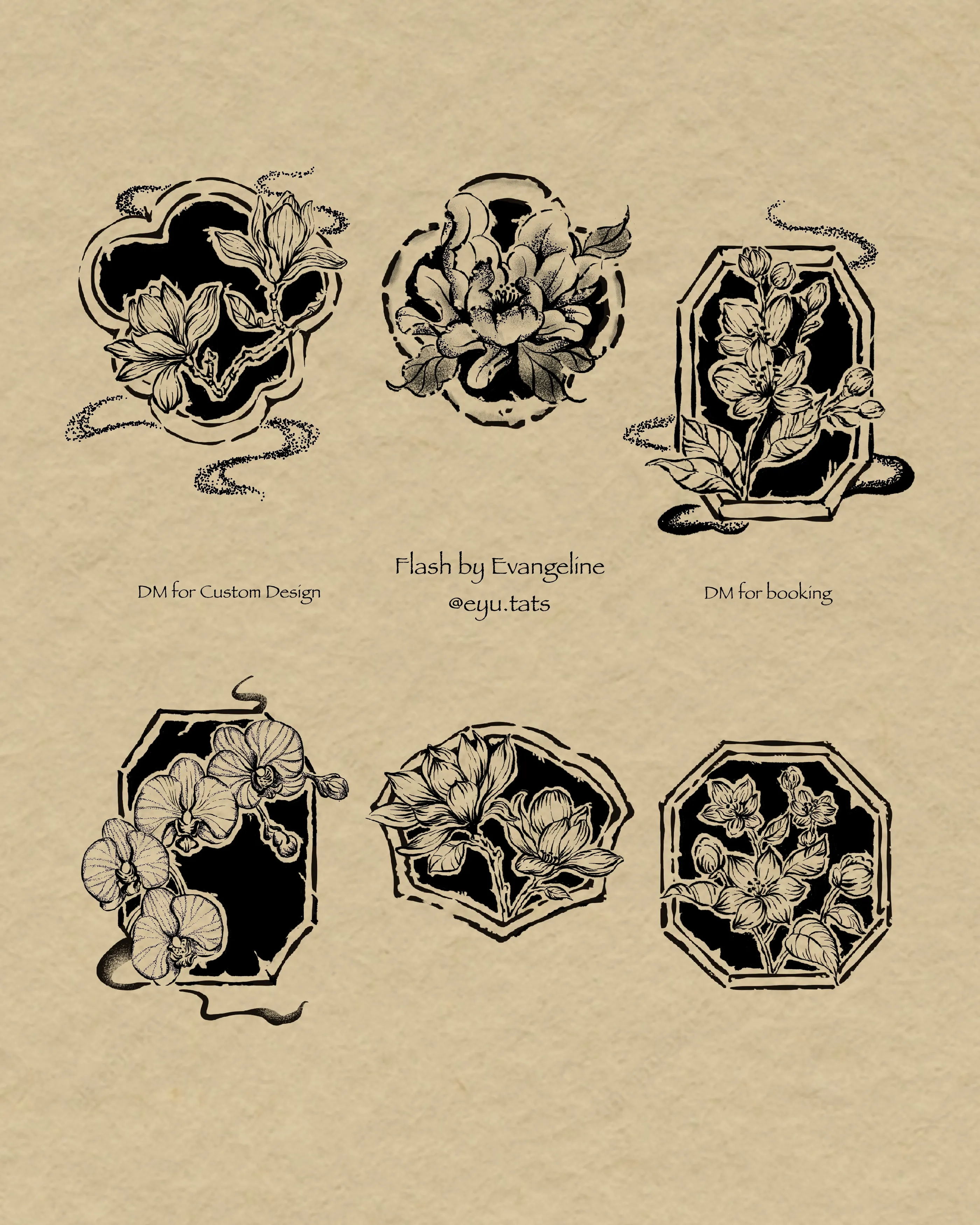 Tattoo flash sheet of six framed magnolia, orchid, and blossom arrangements in black ink
