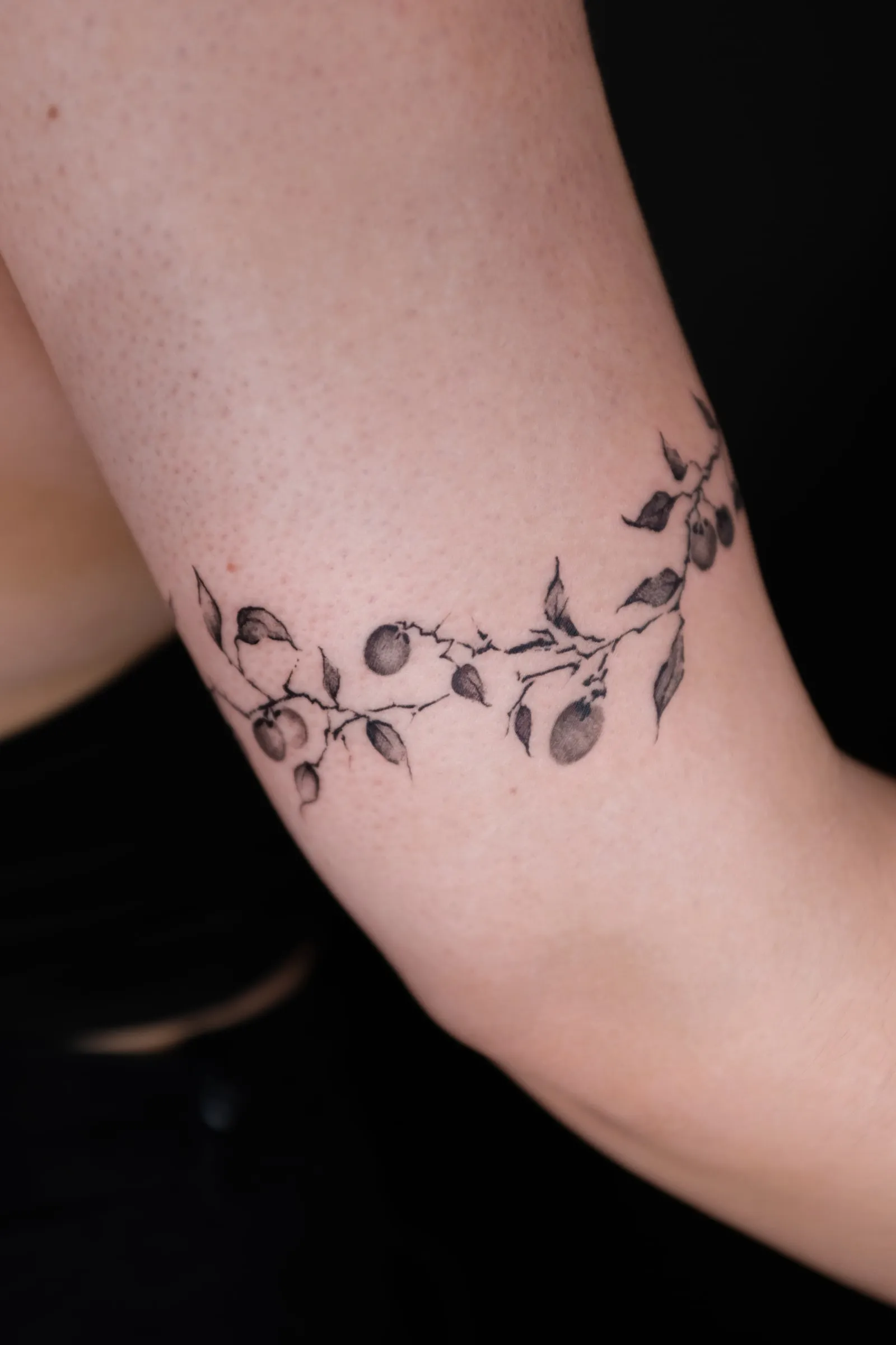 Finished inner-arm tattoo of a delicate fruiting branch wrapping naturally around the elbow