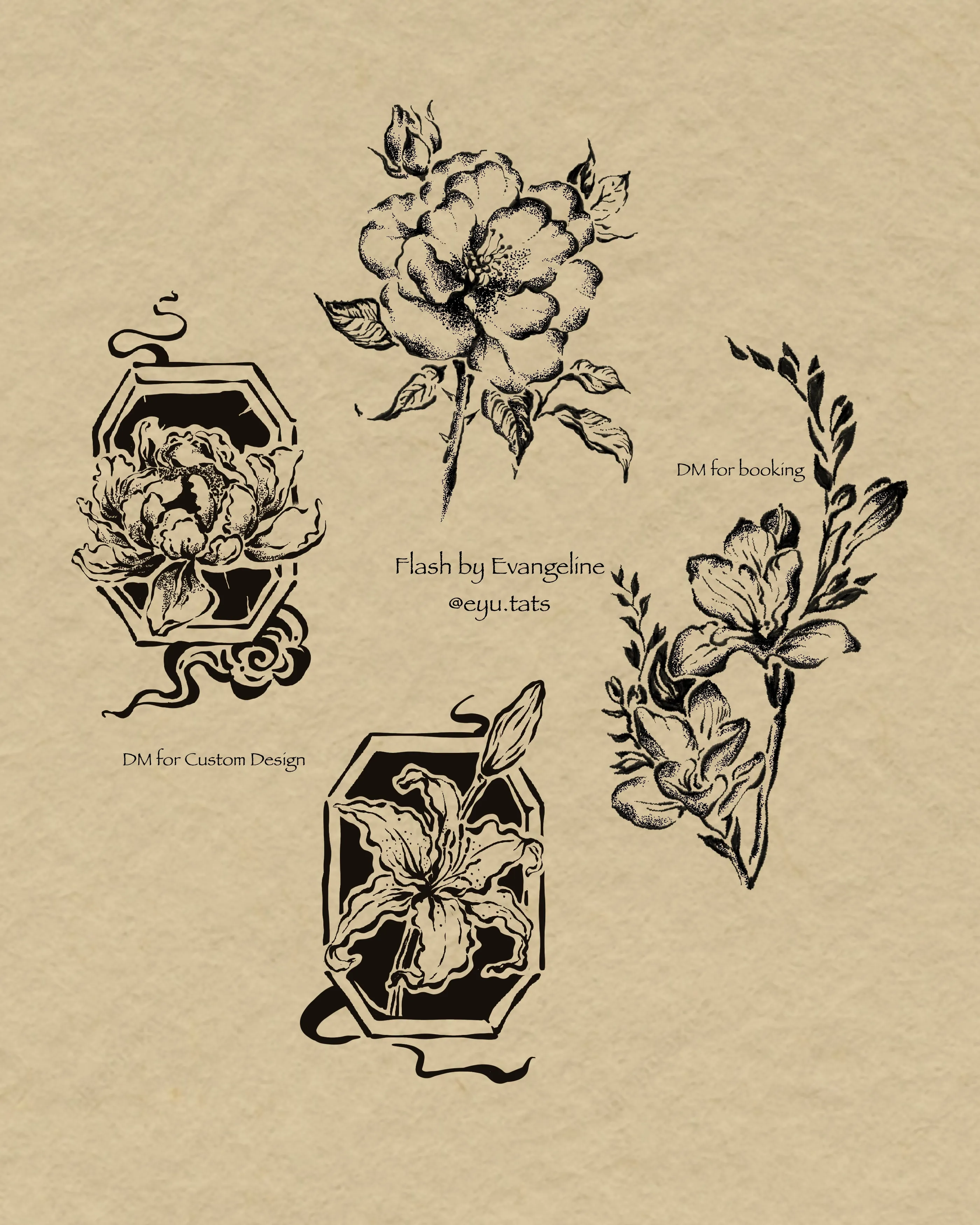 Tattoo flash sheet of four botanical designs featuring peonies, iris, blossoms, and leafy stems