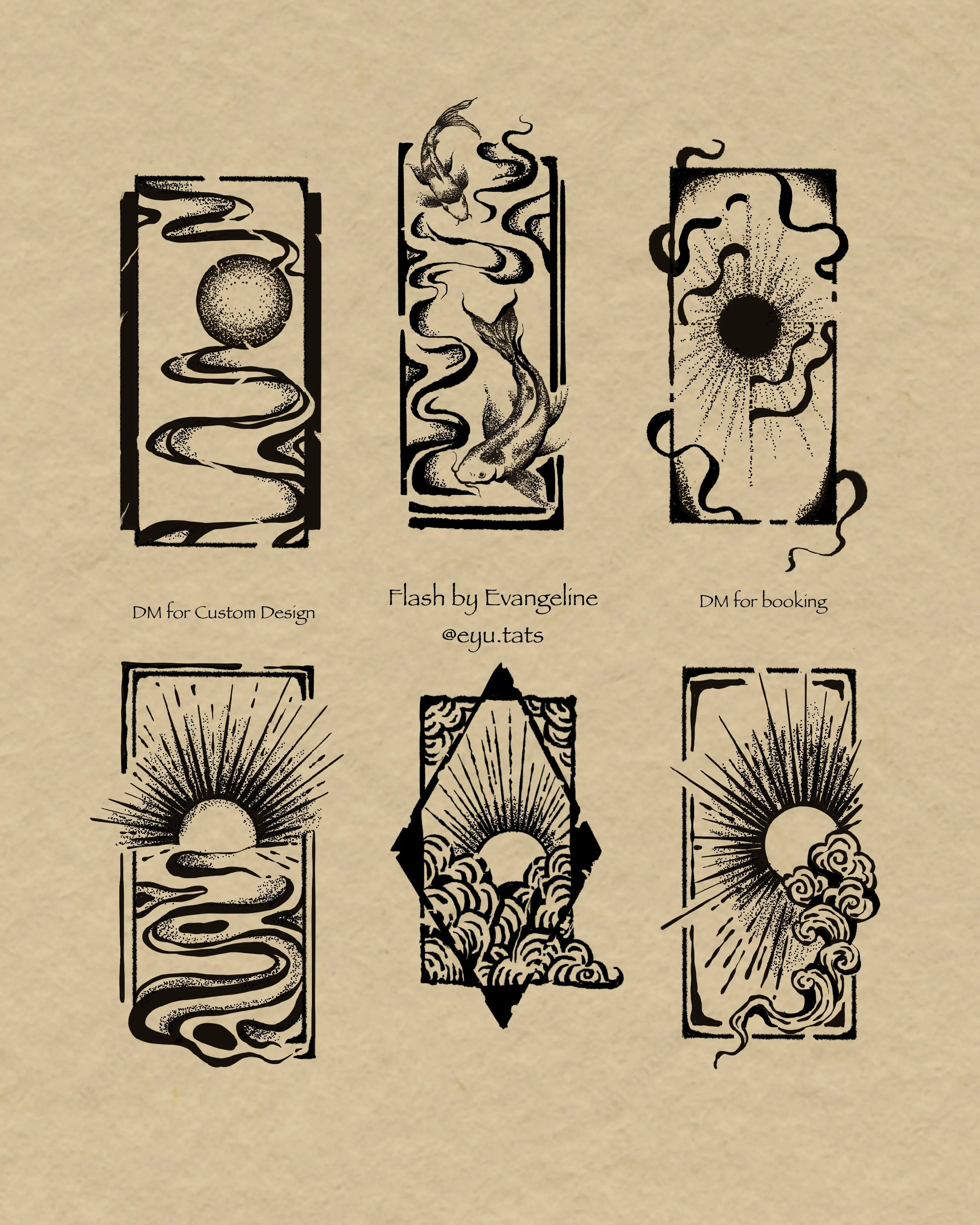 Tattoo flash sheet of six framed ornamental designs with koi, suns, clouds, waves, and a moon