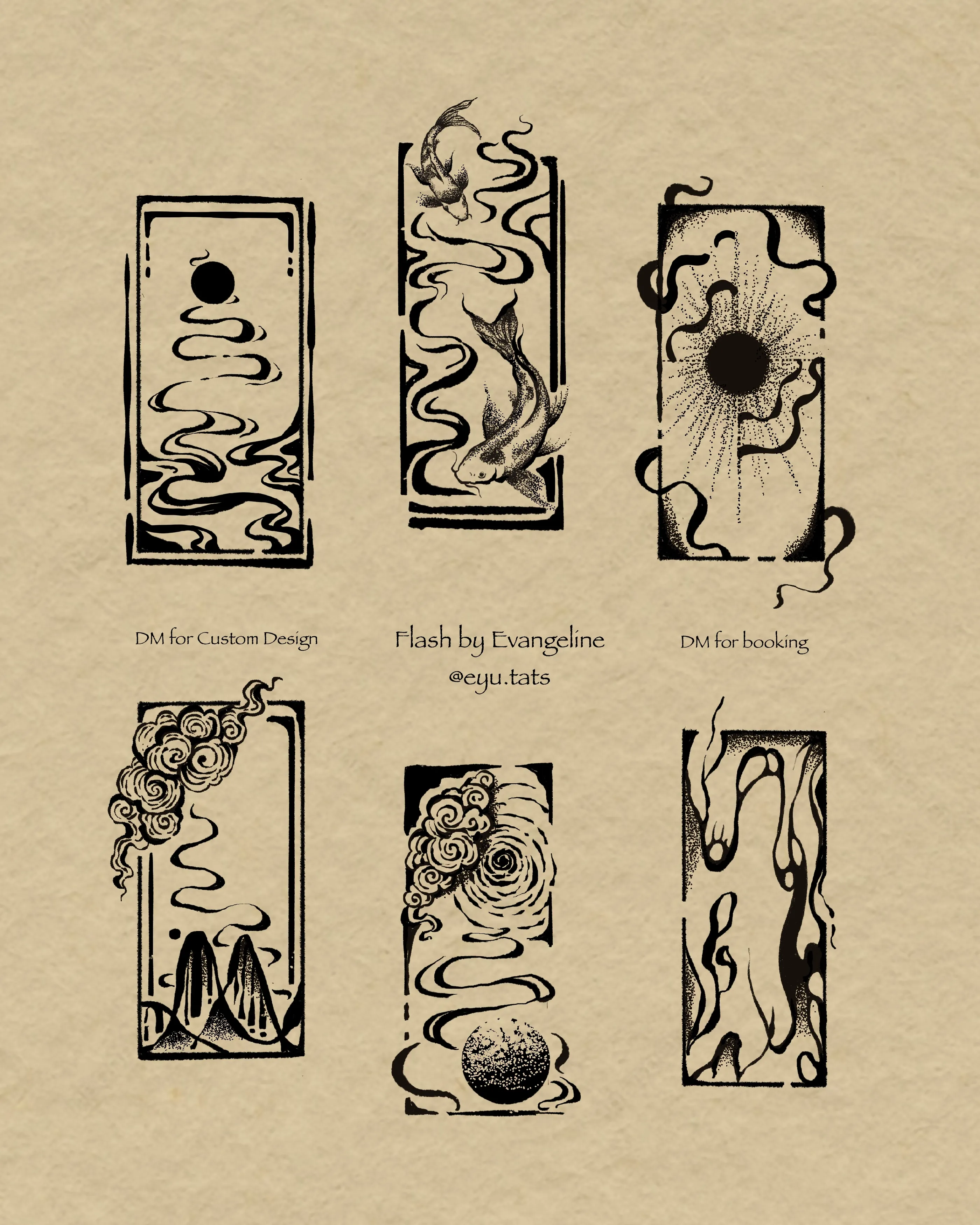 Tattoo flash sheet of six rectangular blackwork designs with koi, water, suns, and flowers