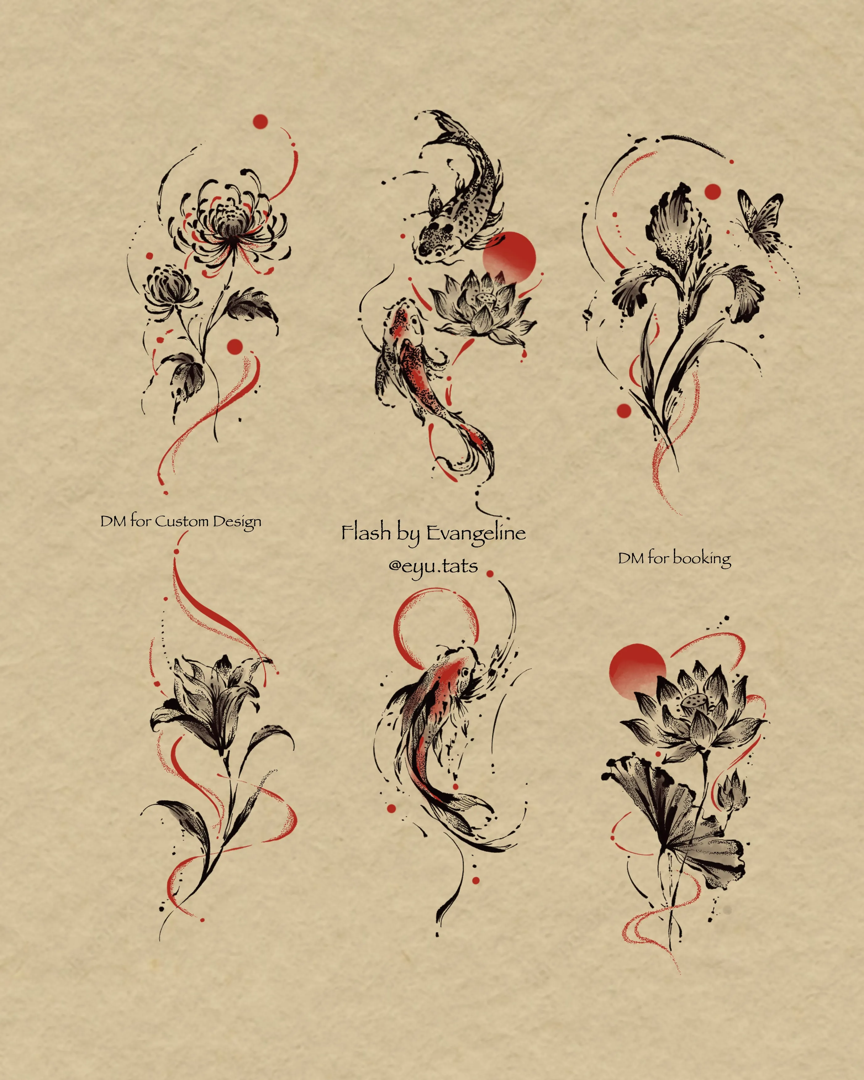 Tattoo flash sheet of six free-flowing koi and flower compositions with black ink and red accents