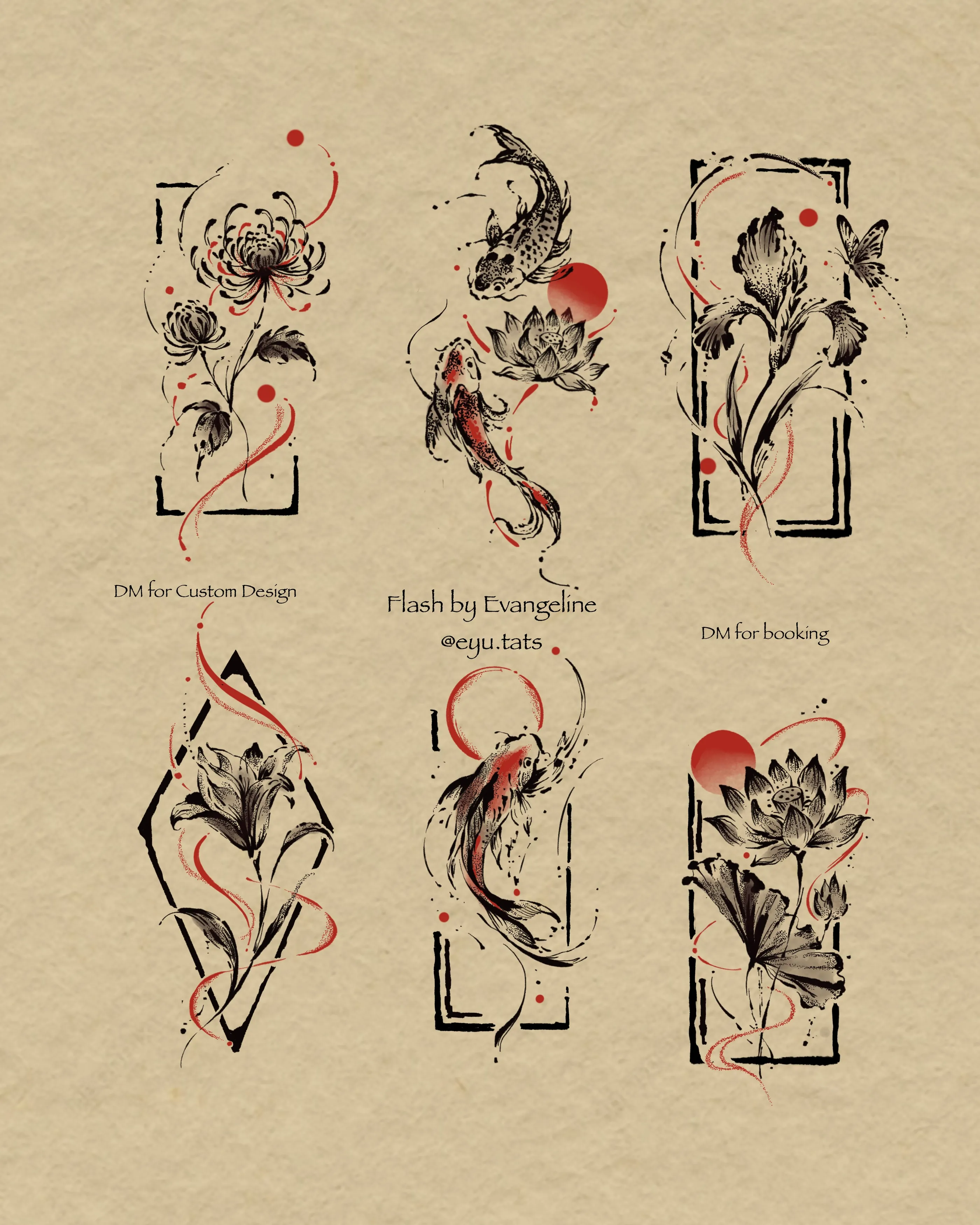 Tattoo flash sheet of six framed koi and flower compositions with black ink and red accents