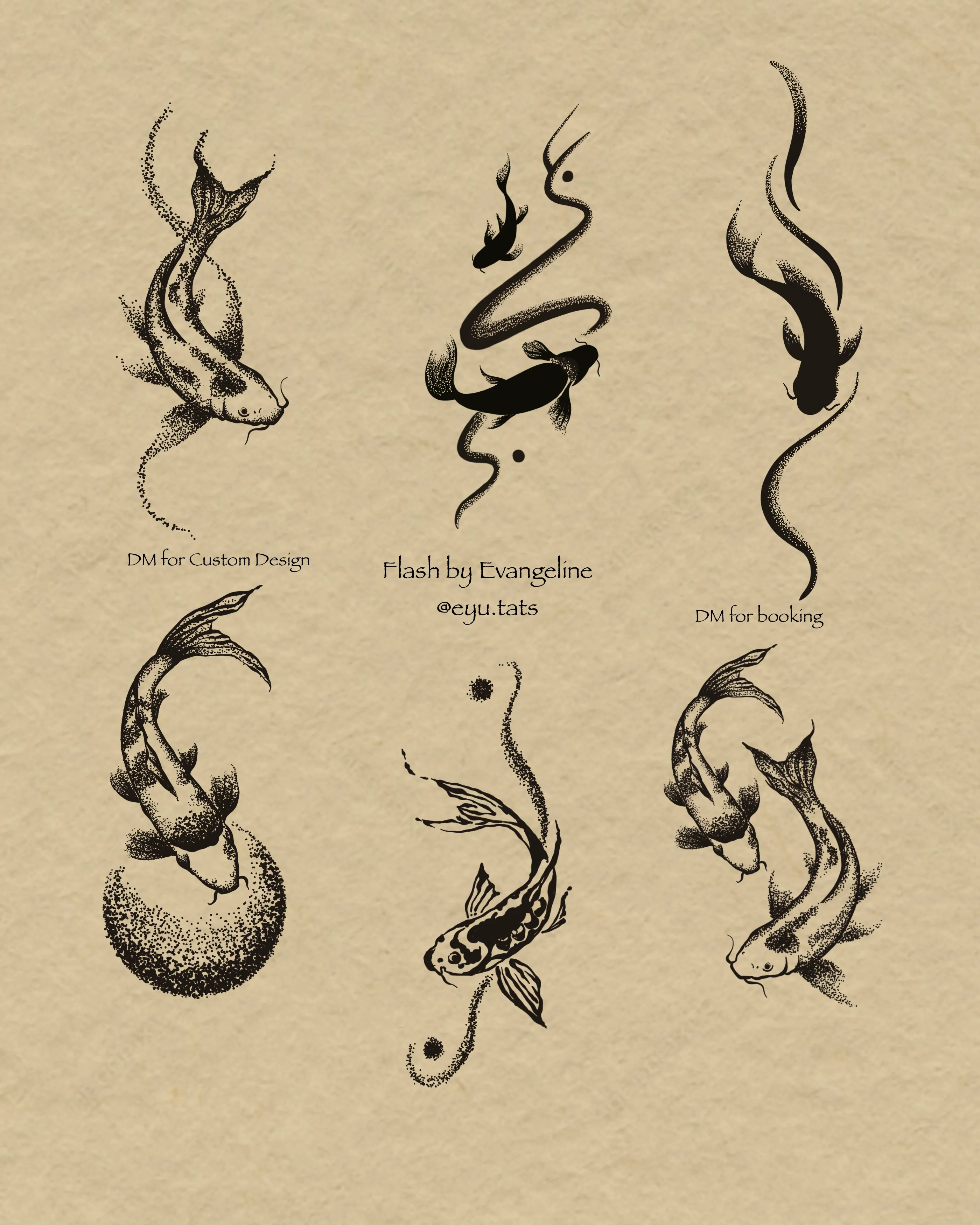 Tattoo flash sheet of six flowing koi fish designs drawn with fine lines and stippled shading
