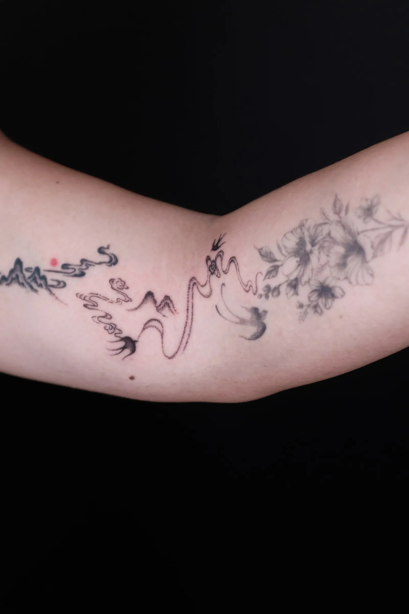 Finished arm tattoo connecting distant mountains flying birds and a soft botanical garden