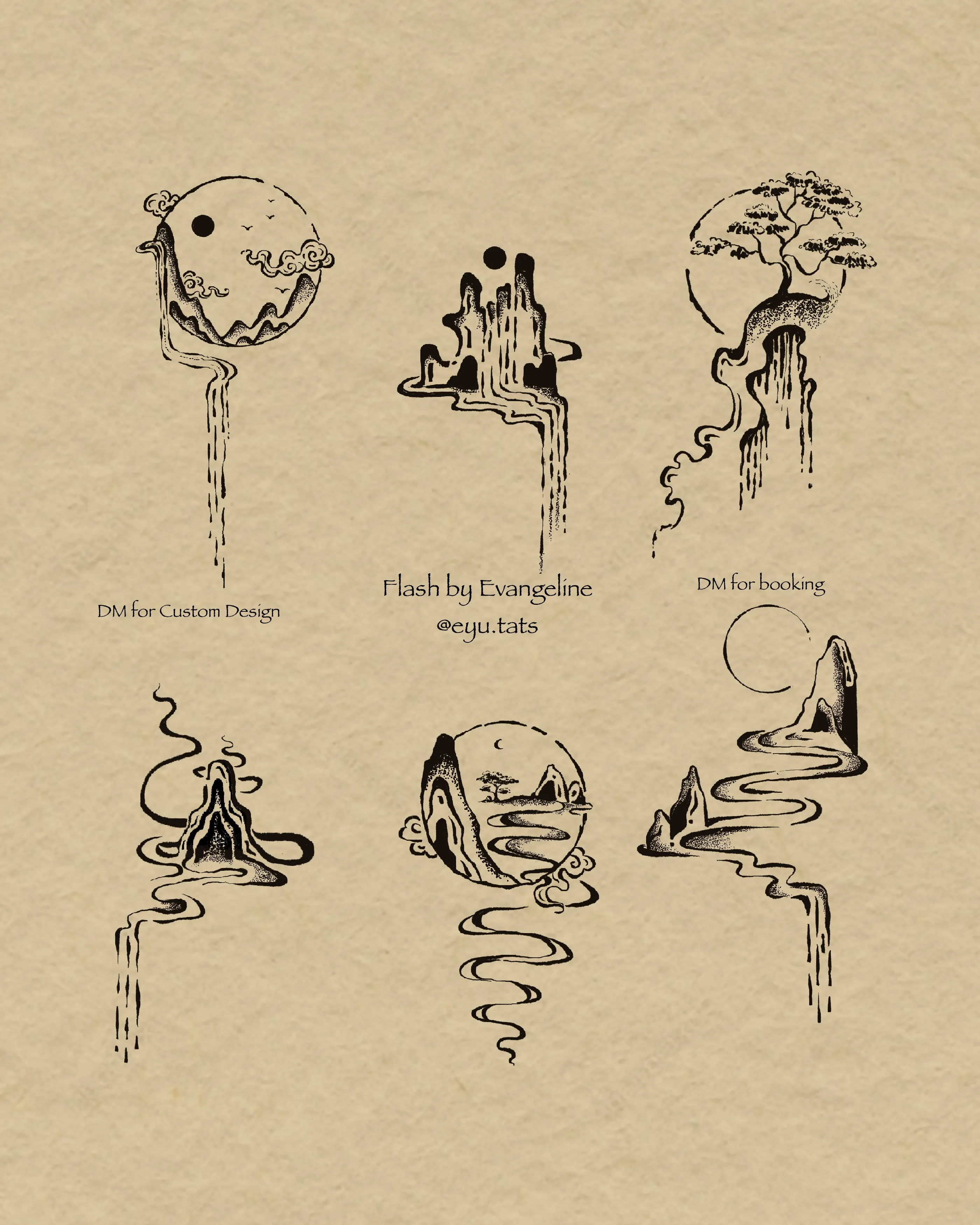 Tattoo flash sheet of six ornamental mountain portals with moons, clouds, rivers, and trees