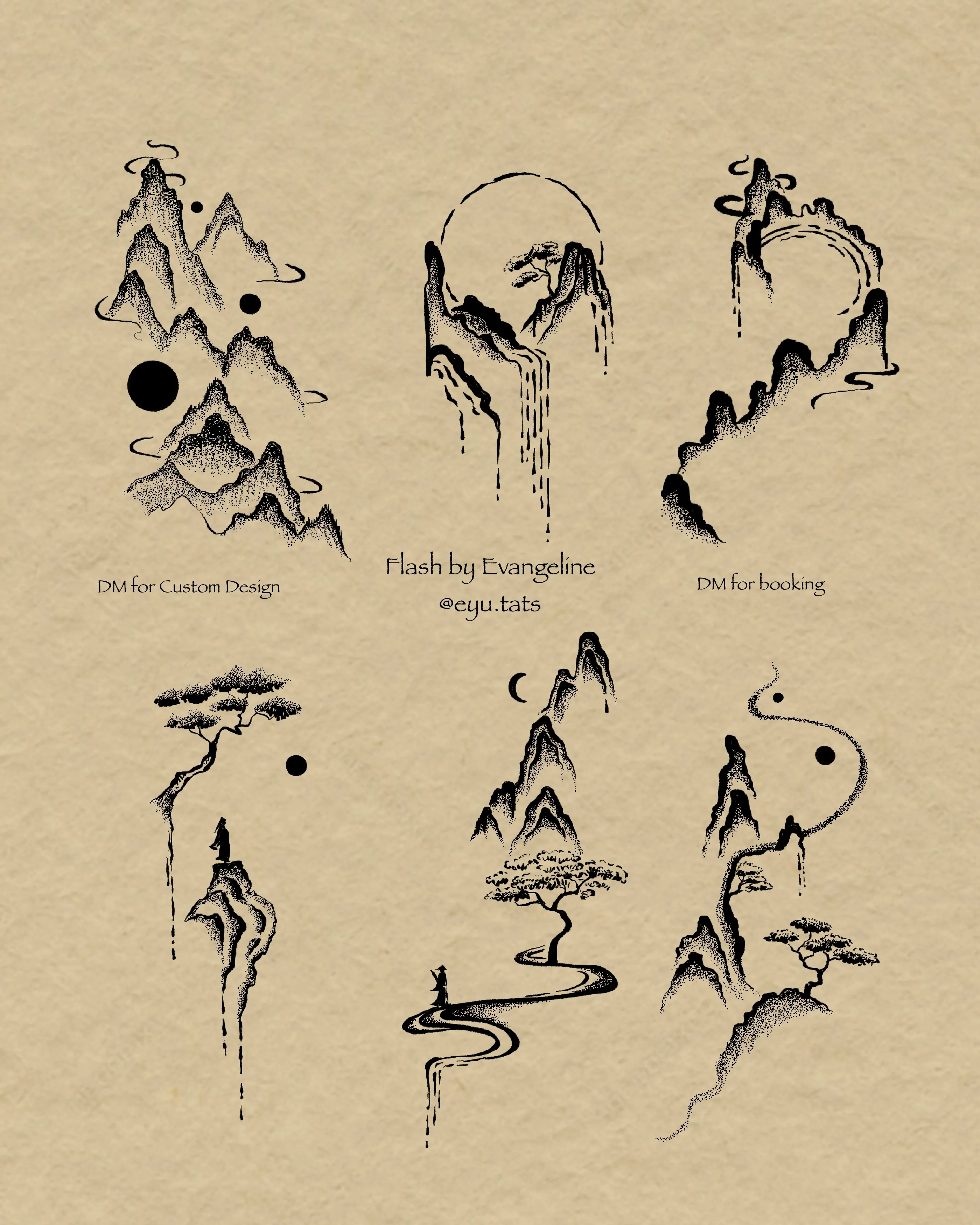 Tattoo flash sheet of six vertical mountain landscapes with winding paths and celestial forms