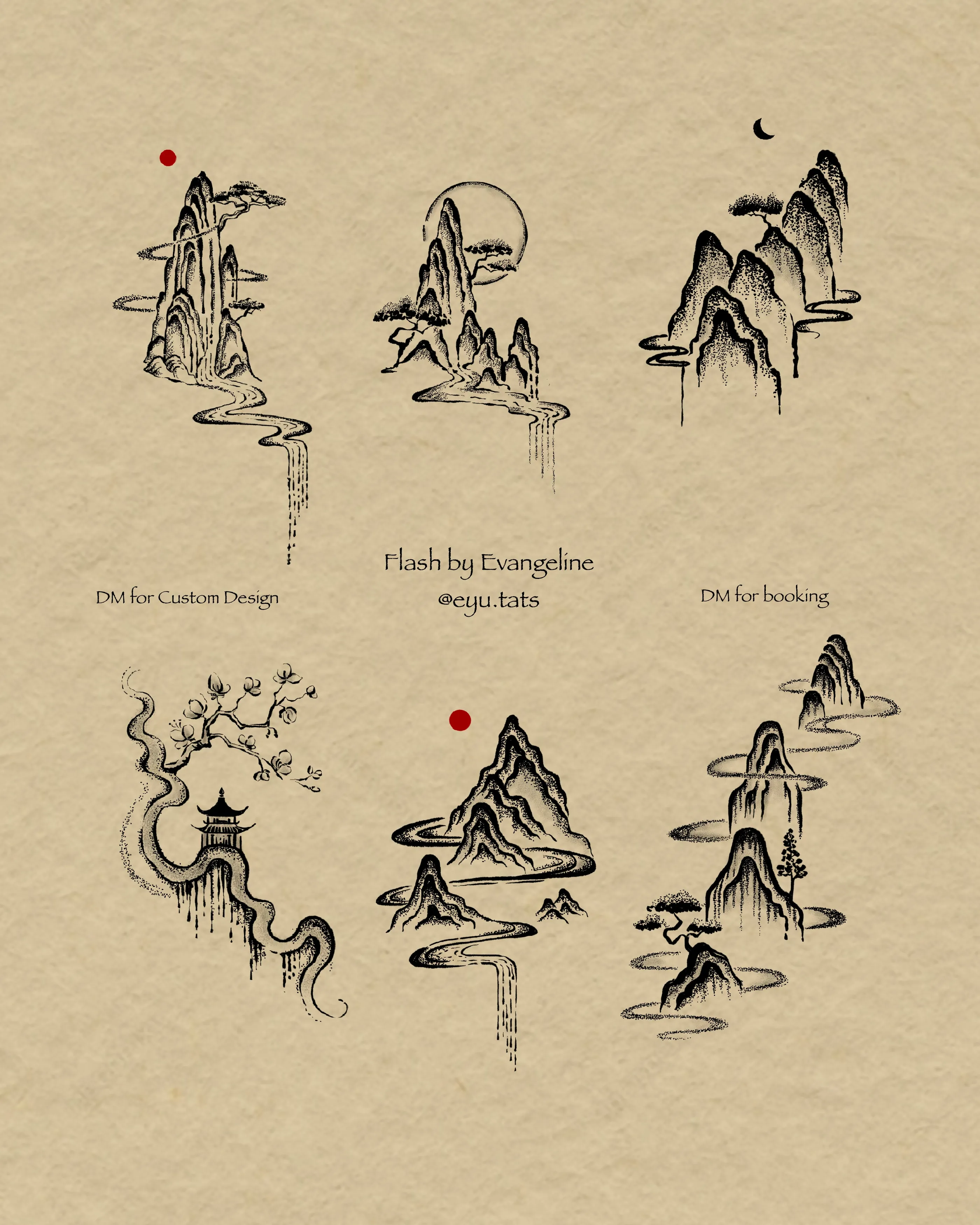 Tattoo flash sheet of six ink-wash mountain landscapes with rivers, pines, sun, and moon