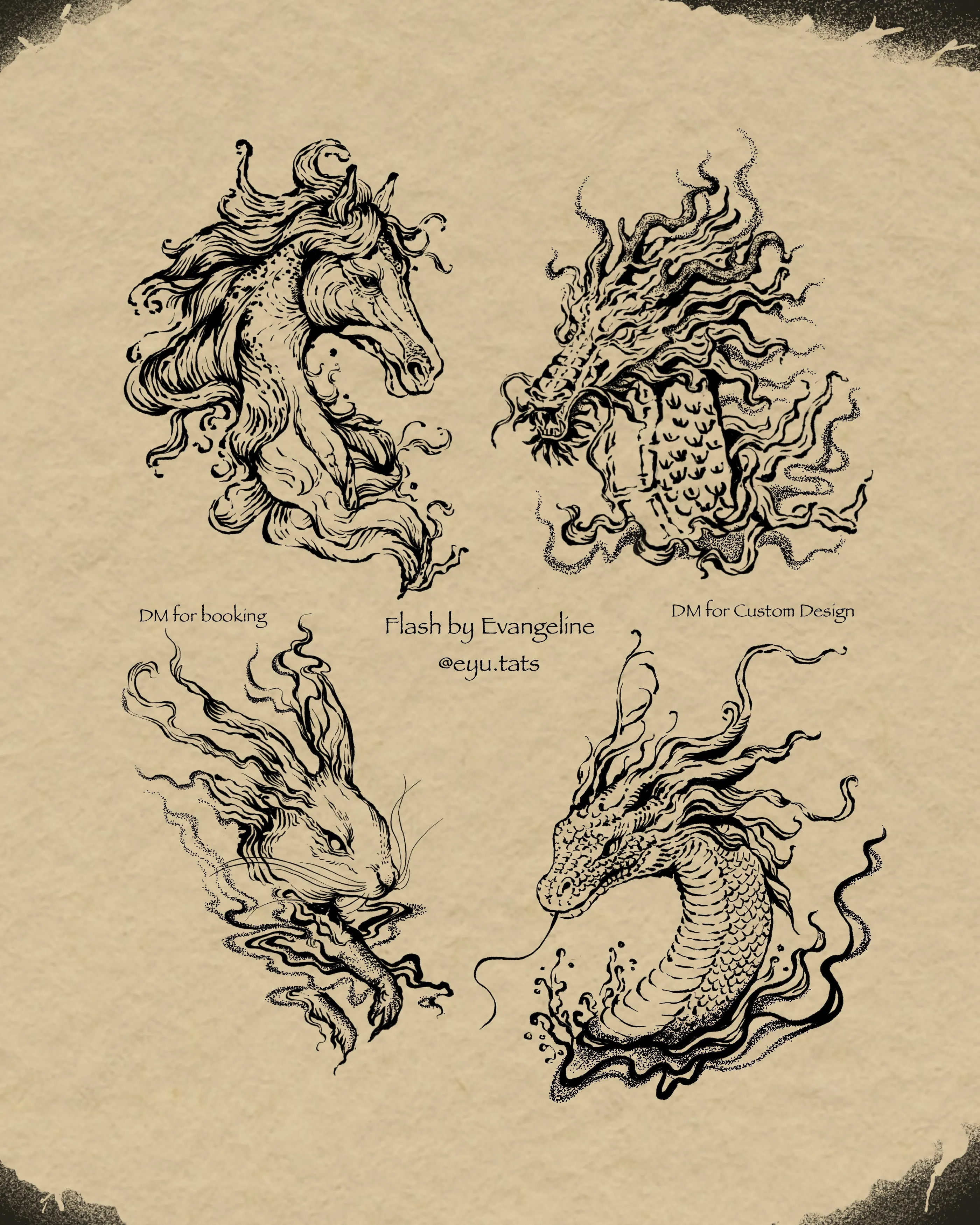 Tattoo flash sheet featuring a flowing horse and three East Asian dragons in black ink