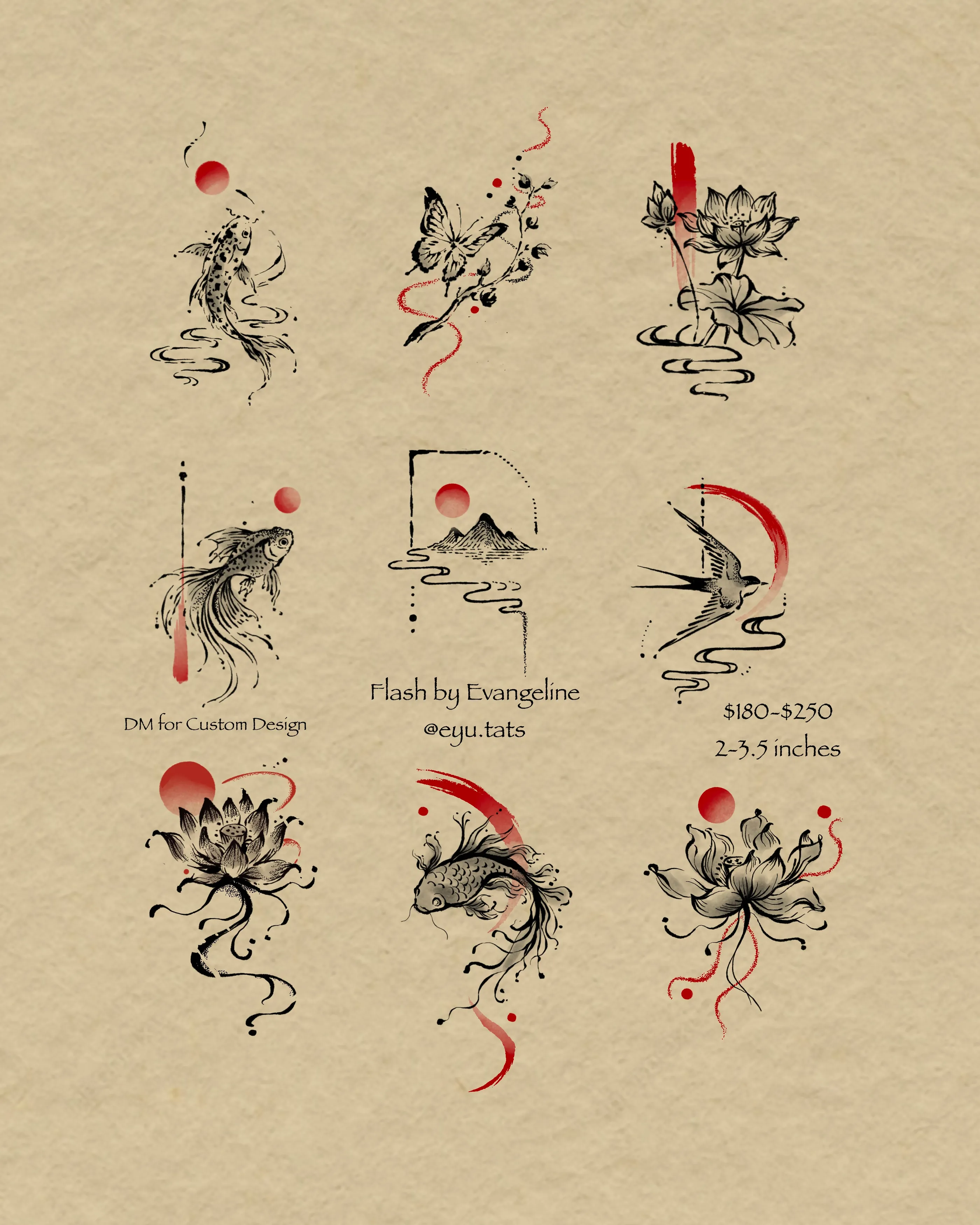 Tattoo flash sheet of nine small nature designs featuring koi butterfly bird lotus and a mountain horizon