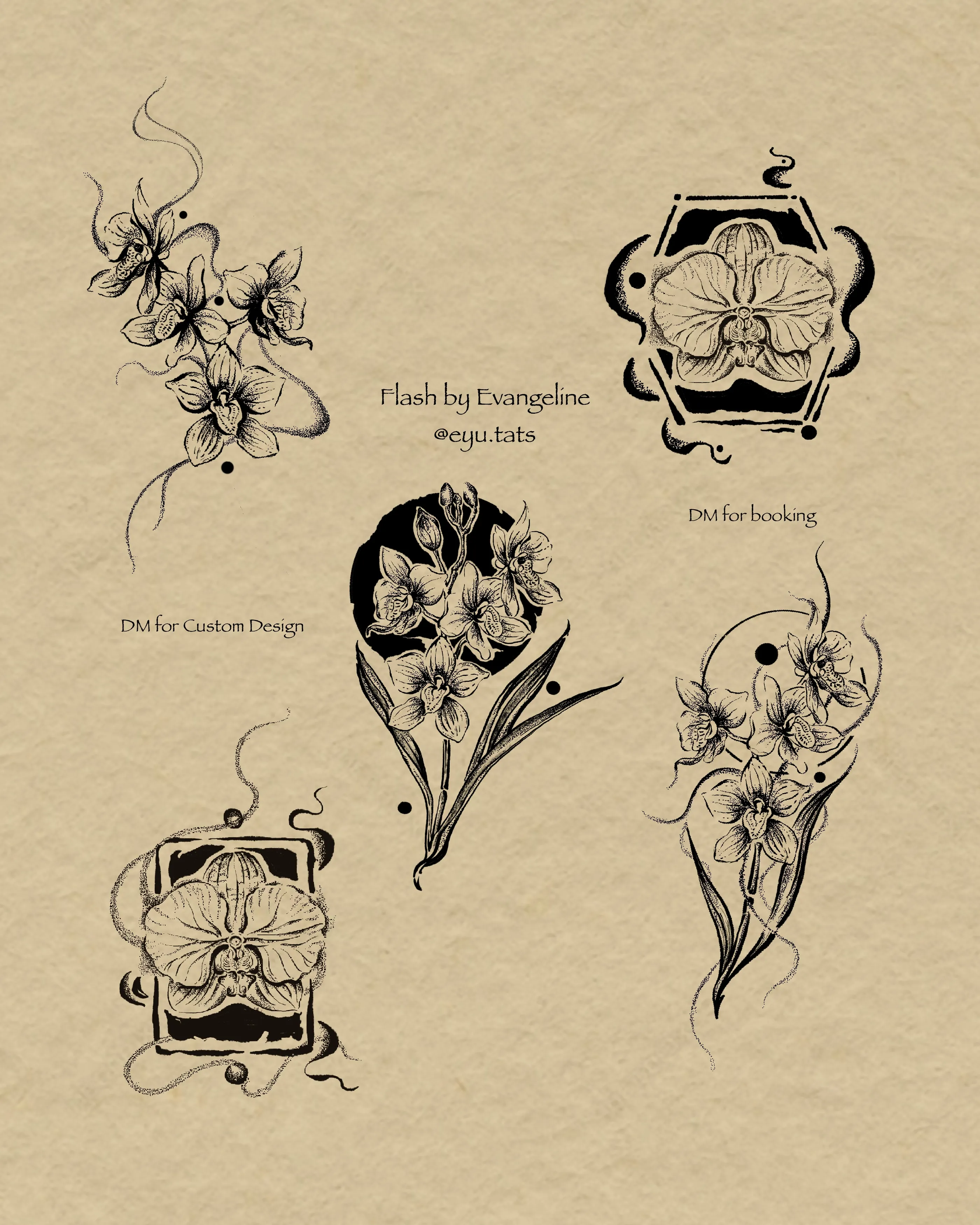 Tattoo flash sheet of five fine-line orchid arrangements with dark frames and flowing accents
