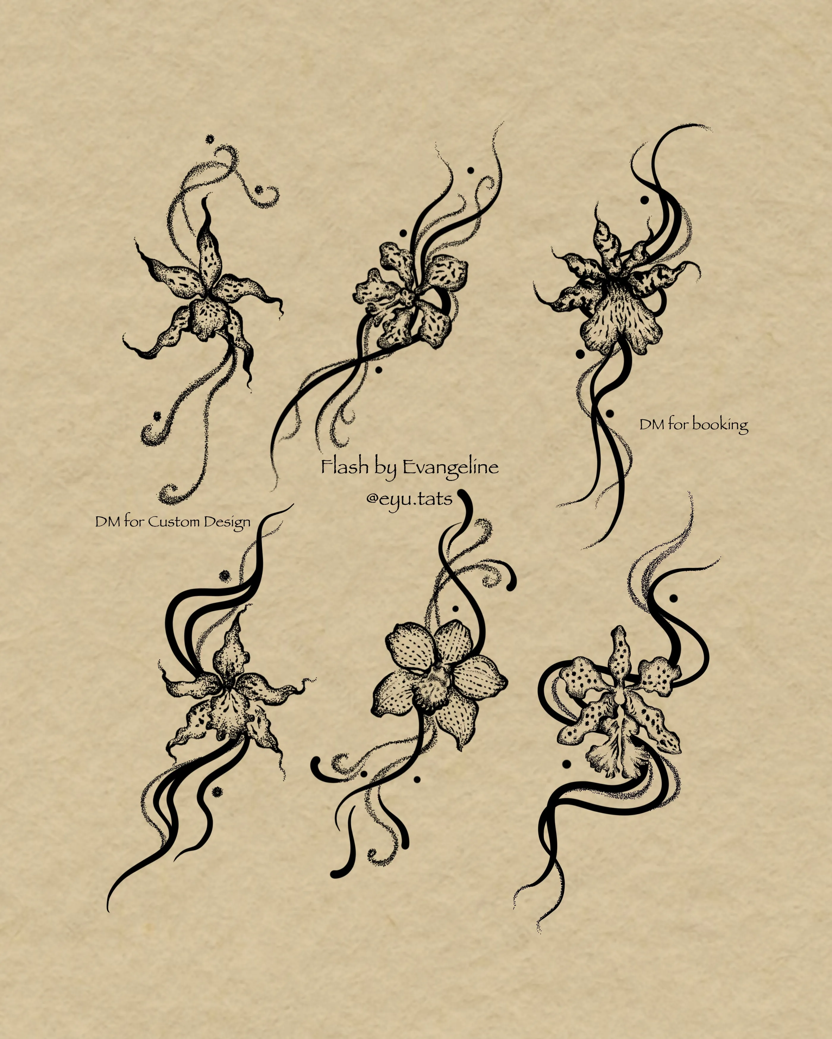 Tattoo flash sheet of six orchids paired with sweeping black ribbons and stippled flourishes