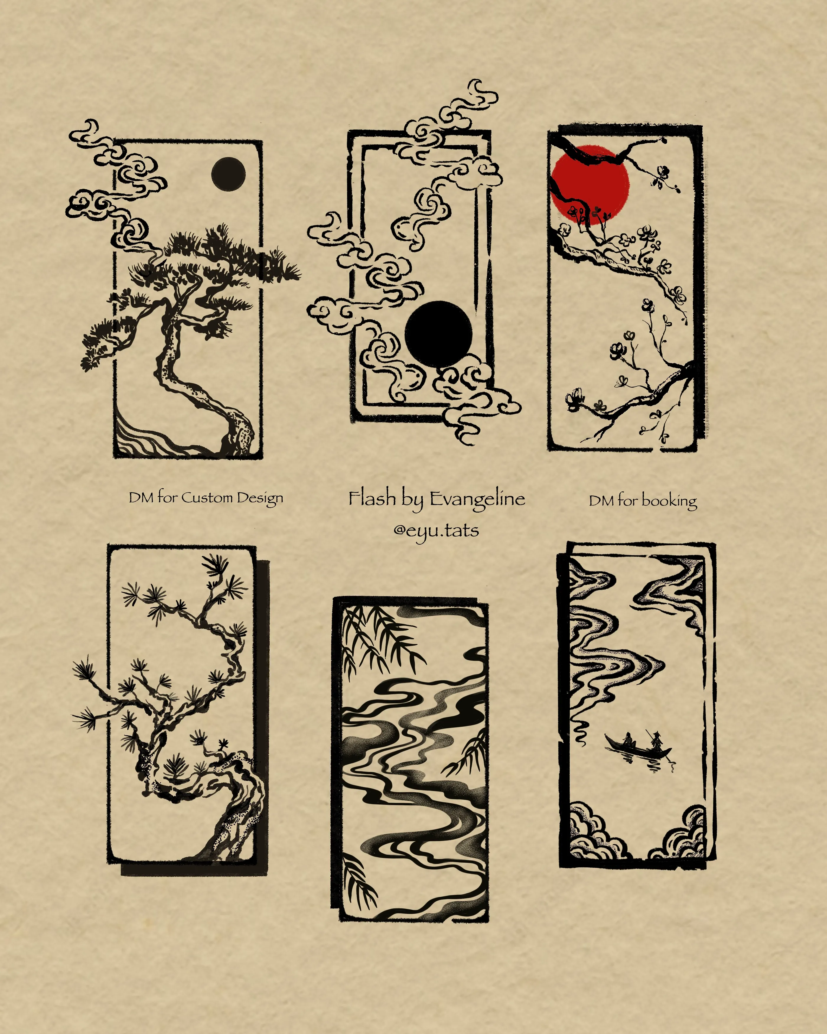 Tattoo flash sheet of six framed black-ink landscapes with pine, bamboo, rivers, and a red sun