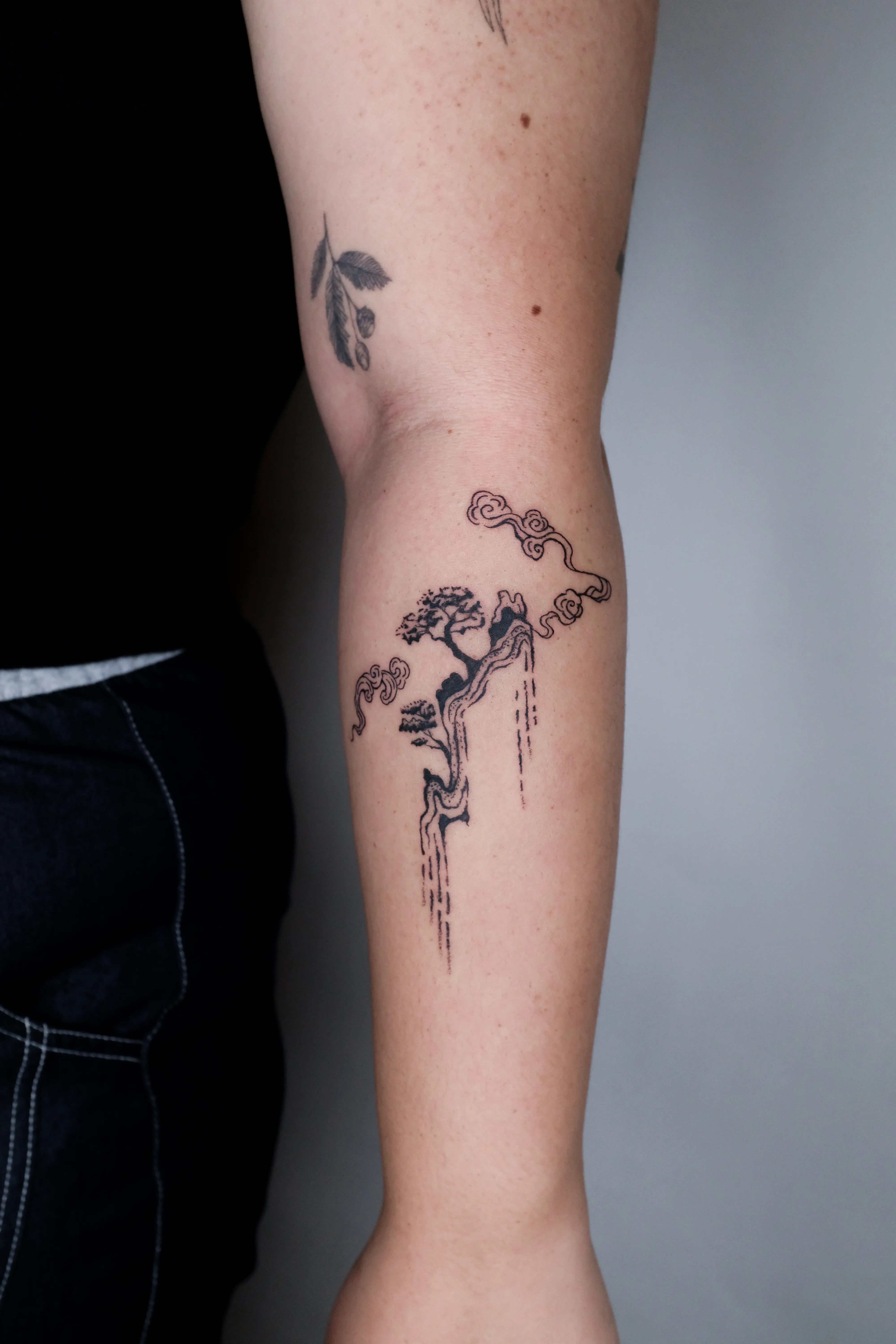 Finished inner-arm tattoo of a pine growing from a tall cliff with clouds and falling water
