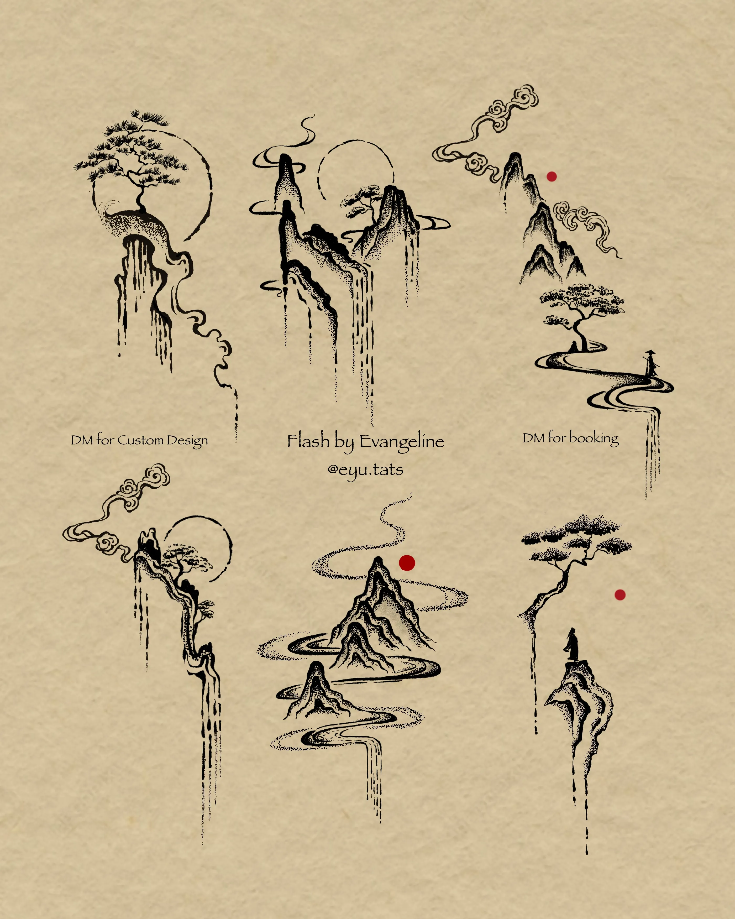 Tattoo flash sheet of six fine-line mountain scenes with pine trees, clouds, and red sun accents