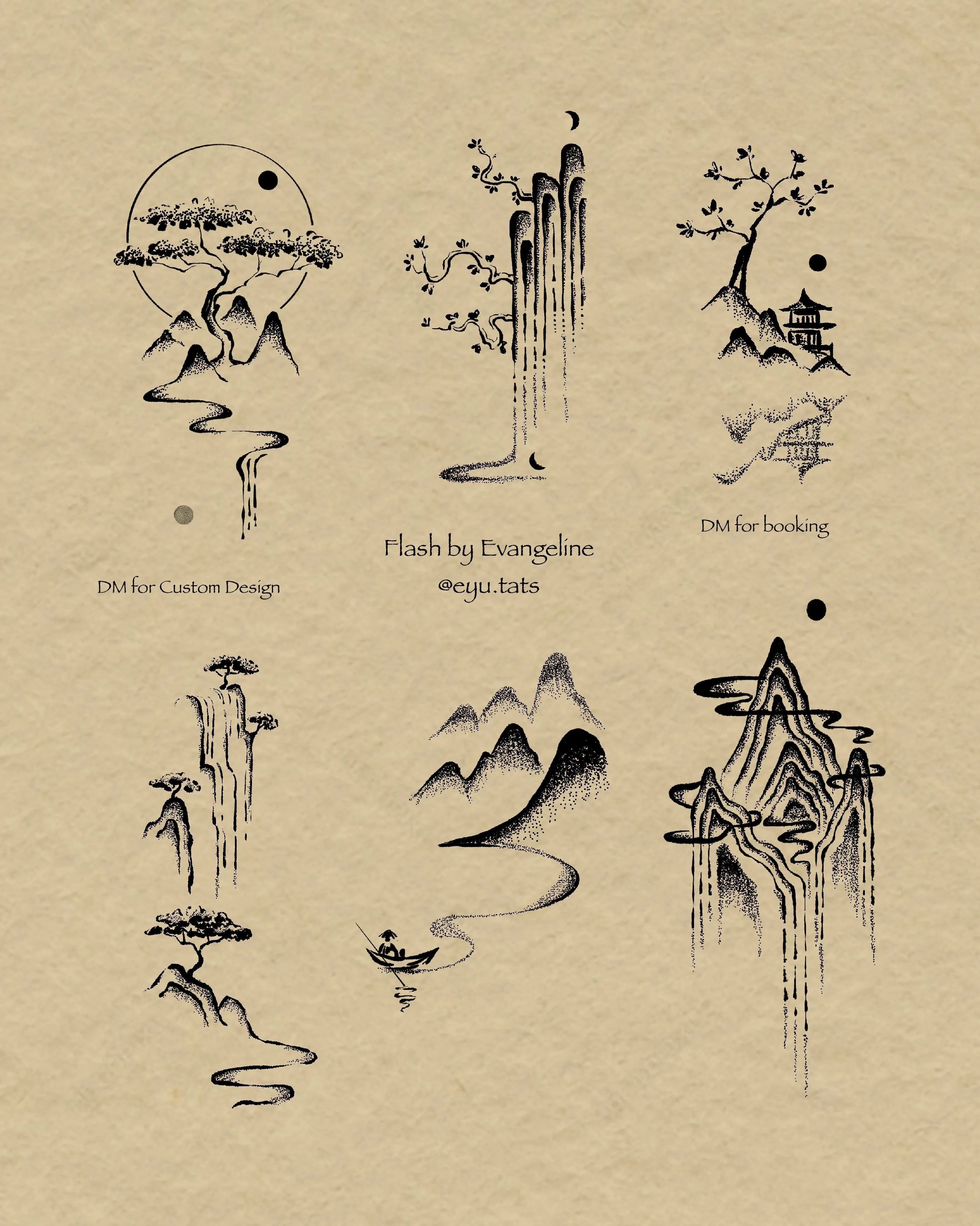 Tattoo flash sheet of six fine-line mountain scenes with trees, a pagoda, and a small boat