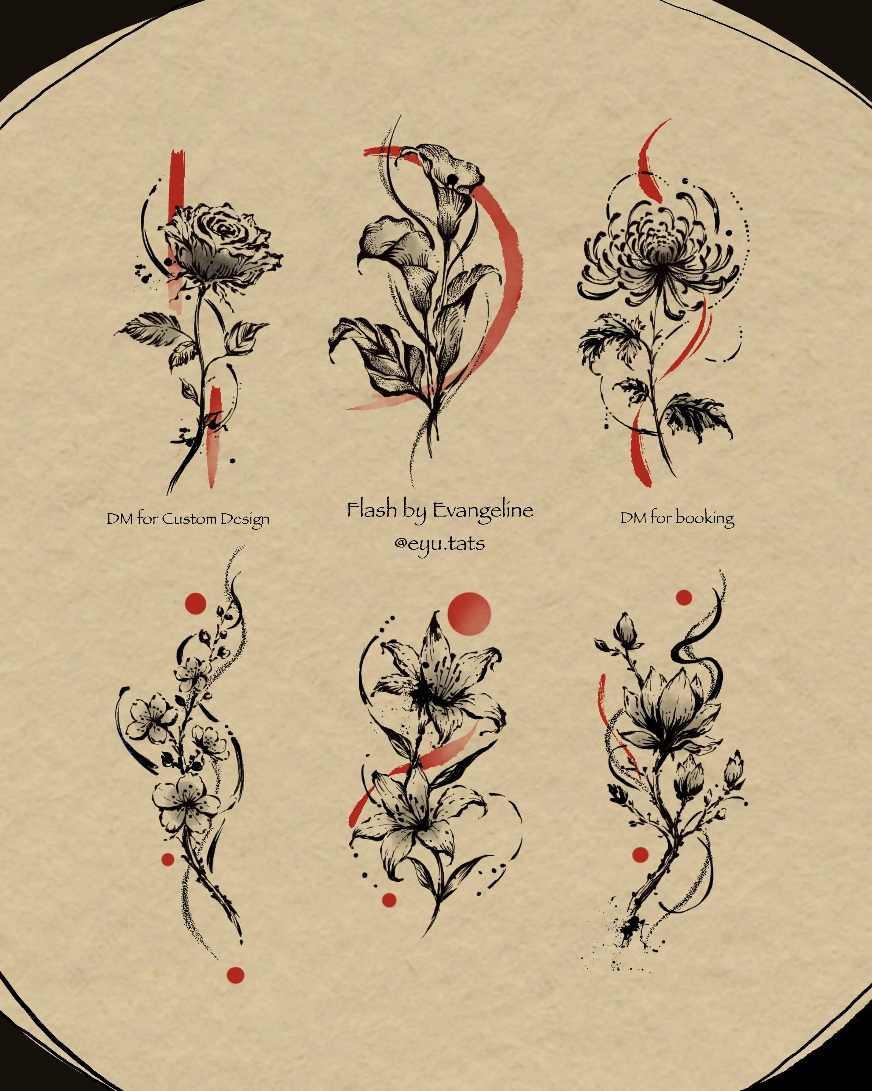 Tattoo flash sheet of six rose calla lily chrysanthemum blossom lily and lotus designs with red brush accents