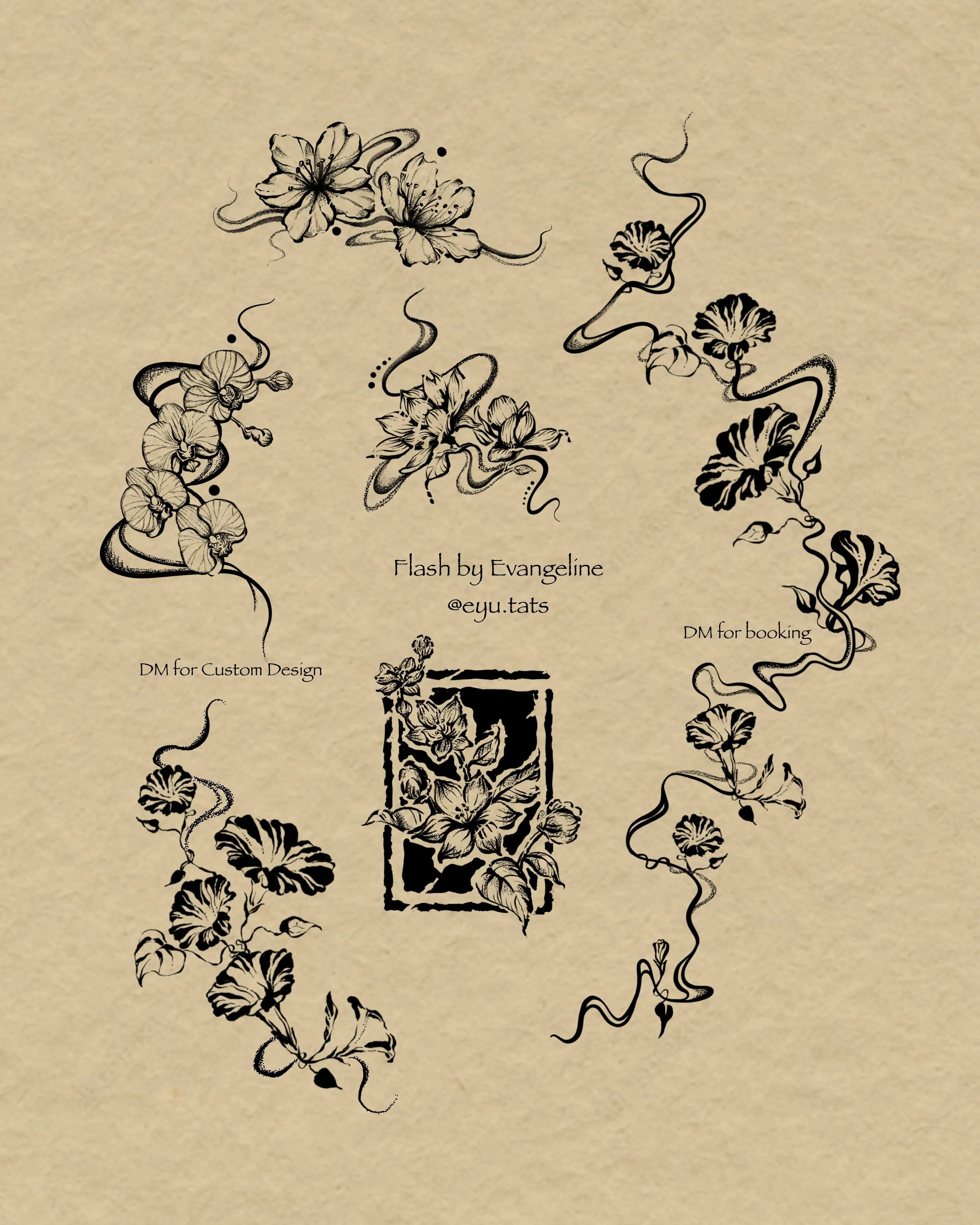 Tattoo flash sheet of six flowing fine-line floral arrangements with orchids, lotus, and morning glories