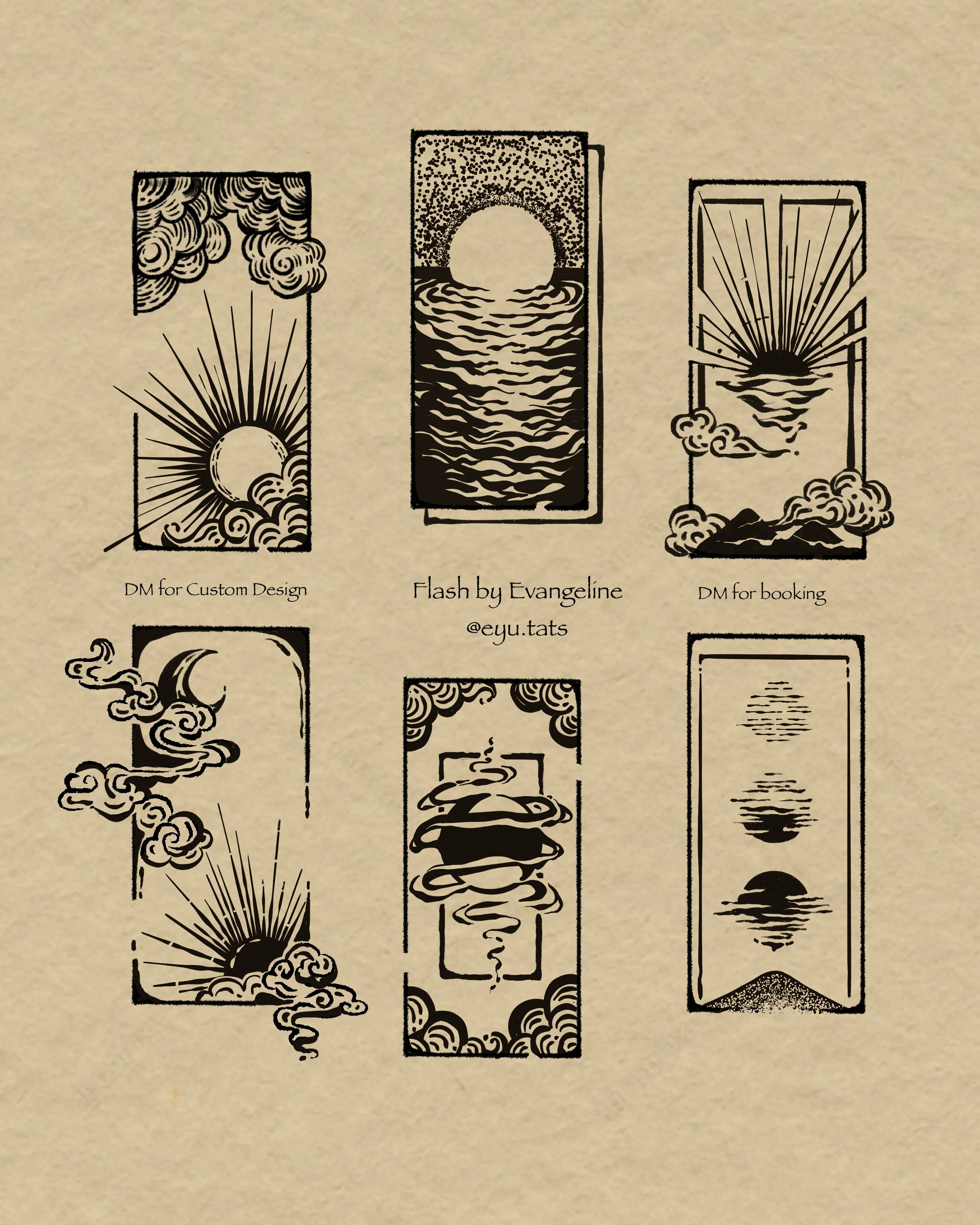 Tattoo flash sheet of six rectangular blackwork designs featuring sunrises, waves, clouds, and mountains