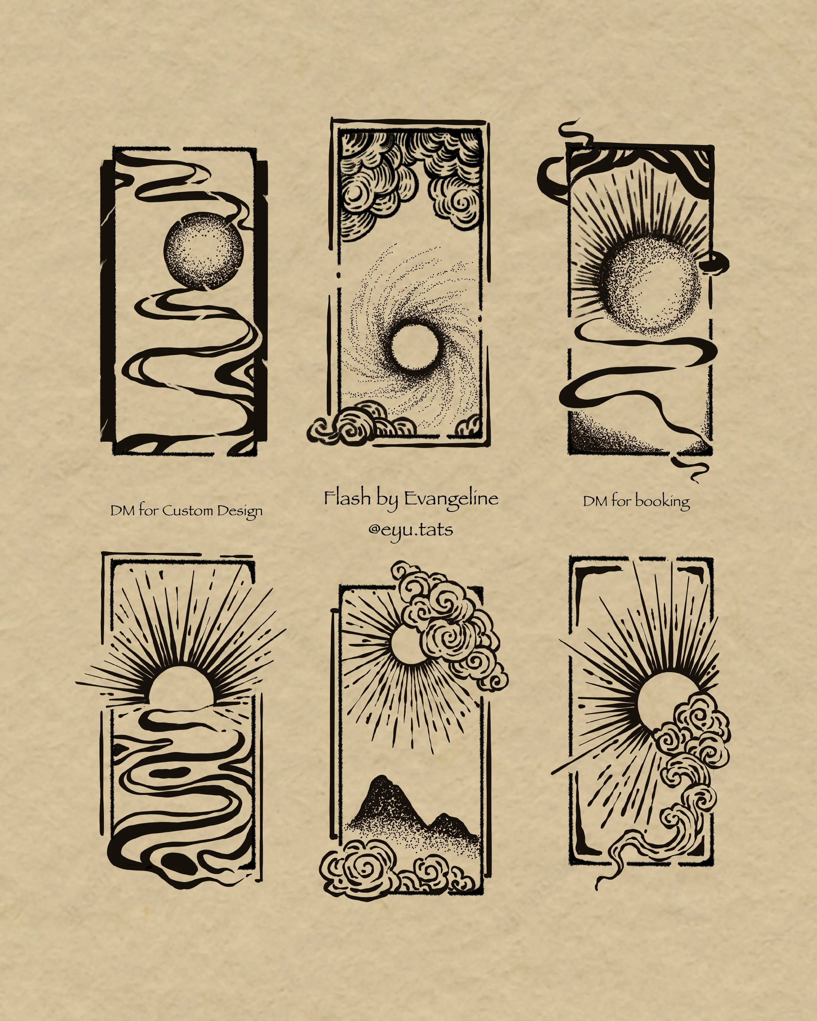 Tattoo flash sheet of six tall blackwork panels with suns, flowing water, clouds, and mountains