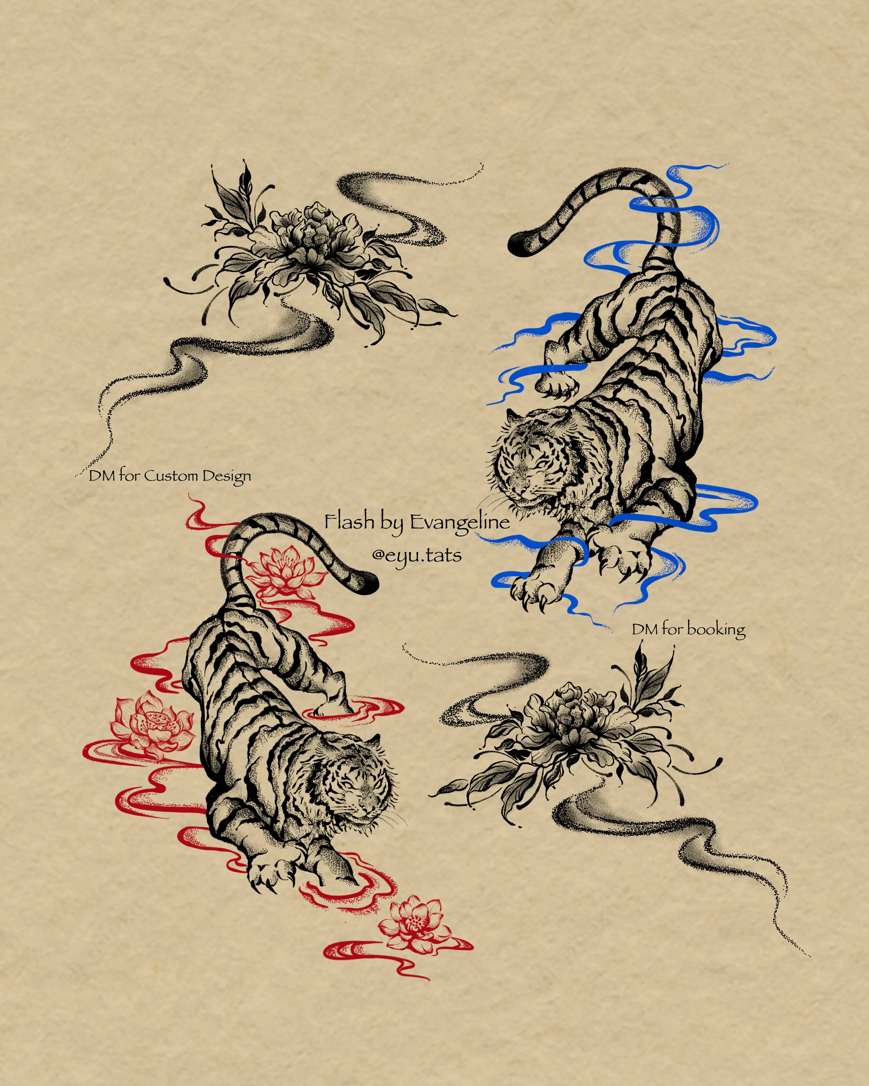 Tattoo flash sheet of two prowling tigers and two peony compositions with red and blue accents